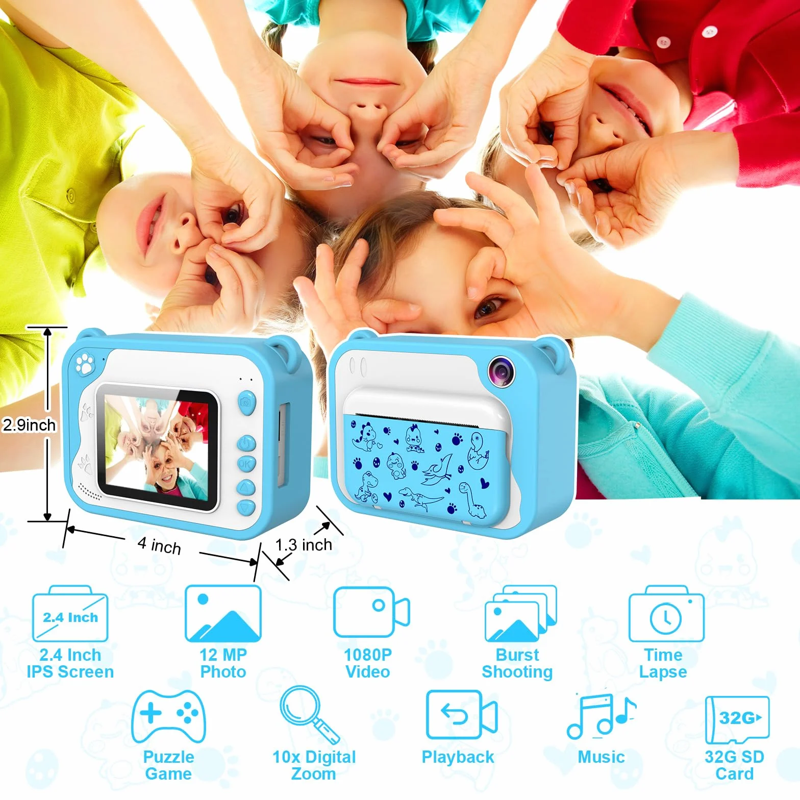 Macchina Fotografica Bambini Istantanea,ULEWAY Digitale Fotocamera 1080P HD Videocamera Giochi con 32GB Scheda SD, 5 Penne Colorate, Regalo di Compleanno per Ragazzi e ragazze 3-12 Anni (Blu)