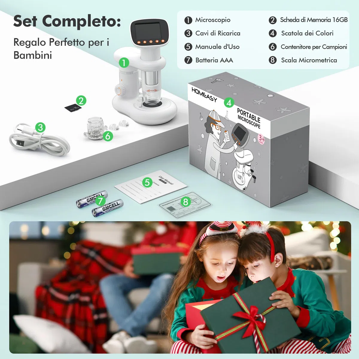 HOMEASY Microscopio Digitale per Bambini con HD Display 50X-1000X Ottica Regolabile e Doppia Luce LED Accessori Inclusi per Osservazione di Insetti Piante e Campioni 16GB SD Card Portable Educativo