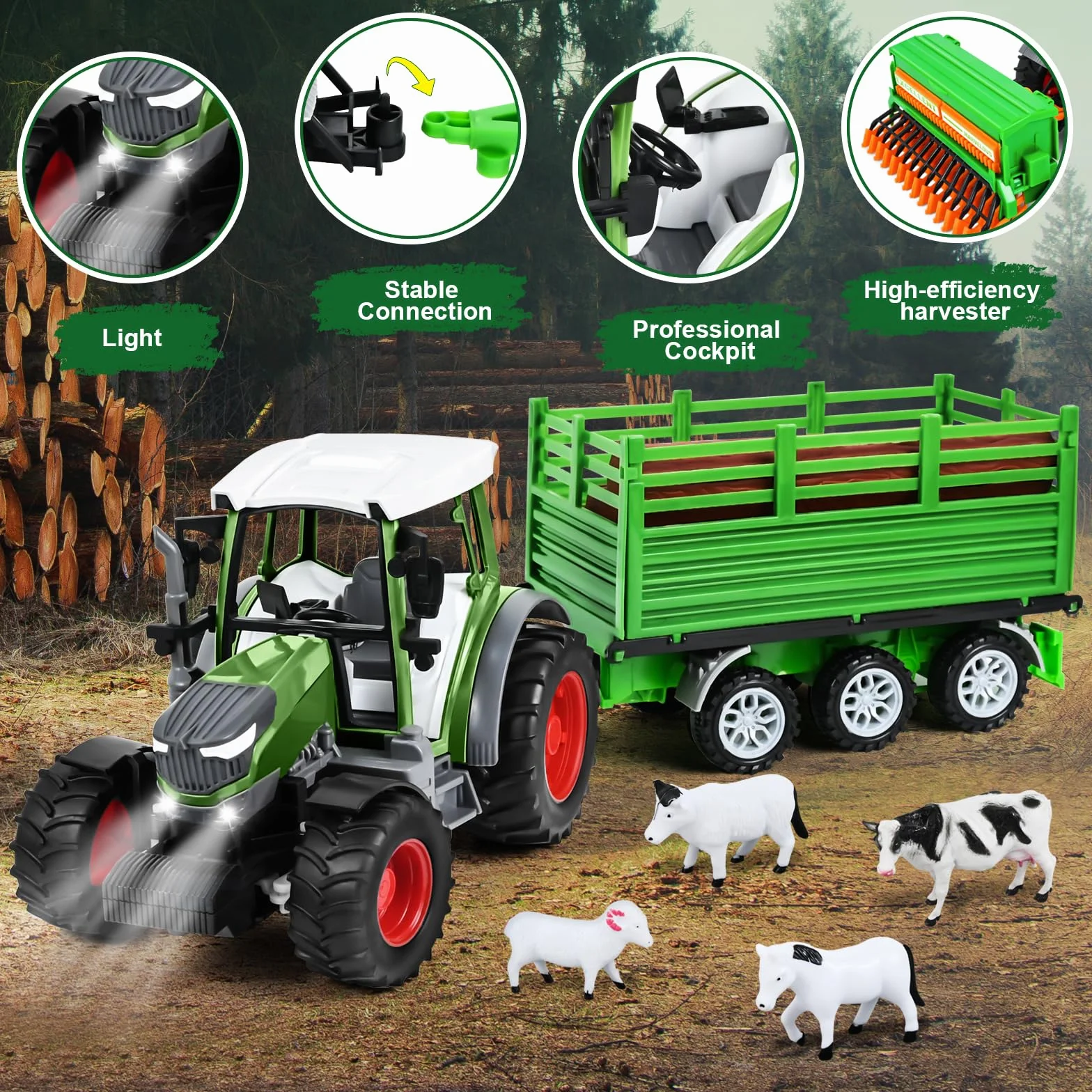 PATEMZON RC Trattore Telecomandato per Bambini, Trattore Agricolo con Aratro e Luce, Set di Trattore Radiocomandato con Rimorchio Giocattolo, Mucca, Pecora, Troncs d'Arbre e Balle, Verde
