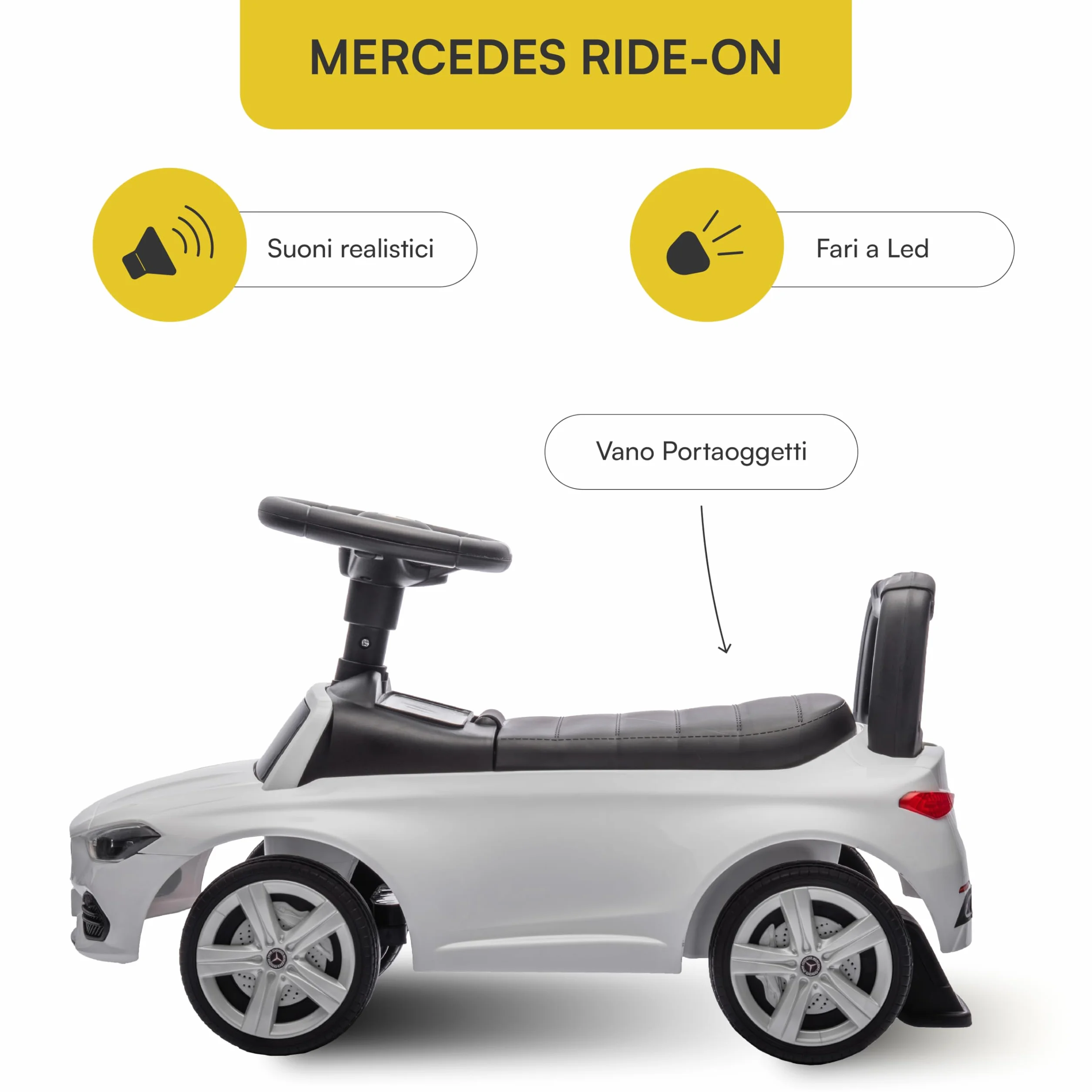 Baroni Toys Mercedes Ride-On Macchinina Spingi e Vai per Bambini 1-4 Anni, Fari LED, Suoni Realistici, Ruote Antiscivolo, Vano Portaoggetti, Design Antiribaltamento 65x28x39 cm Bianca