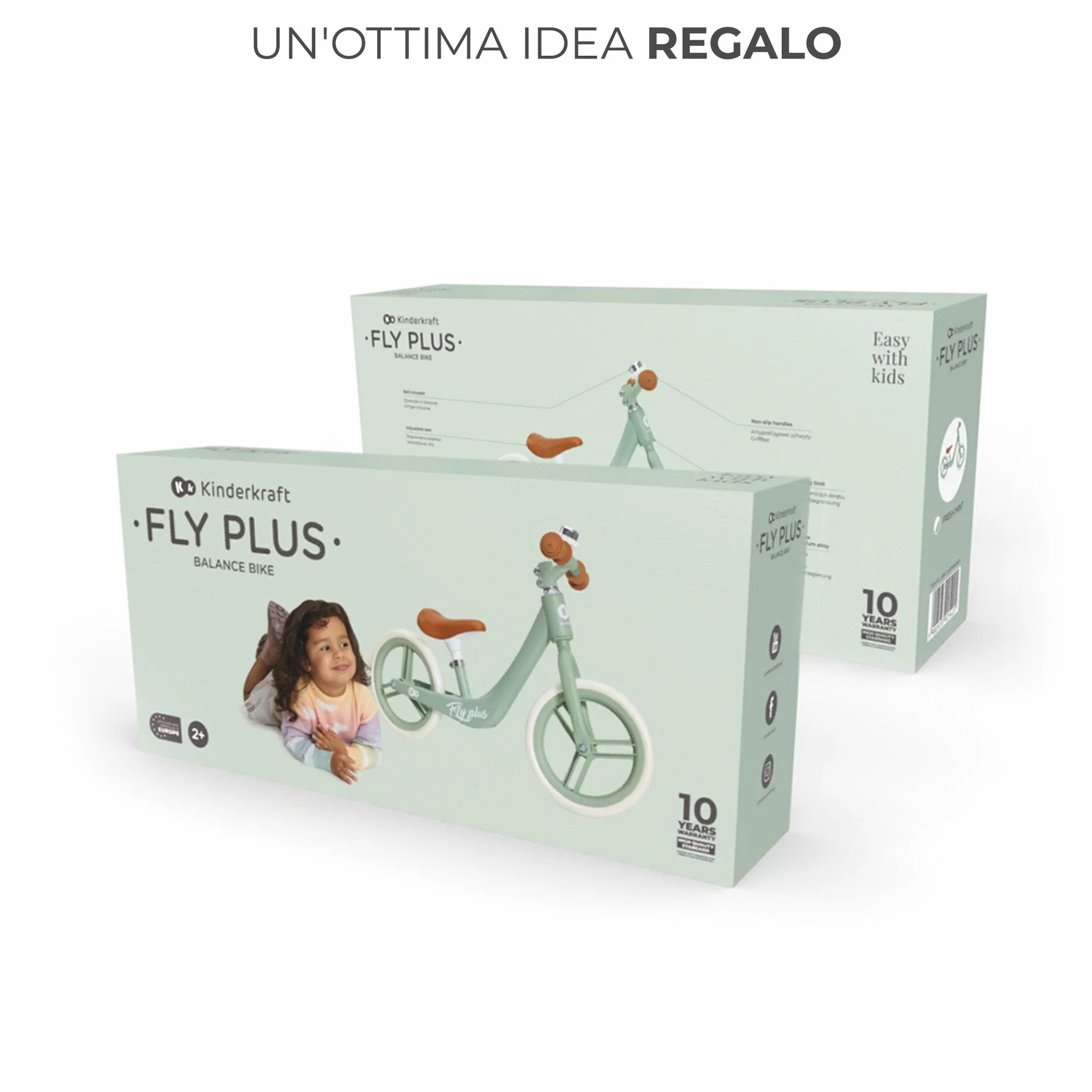 Kinderkraft FLY PLUS 2 Bicicletta bambini, Leggero Bici Senza Pedali, Stile Retro, Magnesium, Design retro, fino 2 Anni, Struttura leggera, 2.8kg, Sellino regolabile, Verde