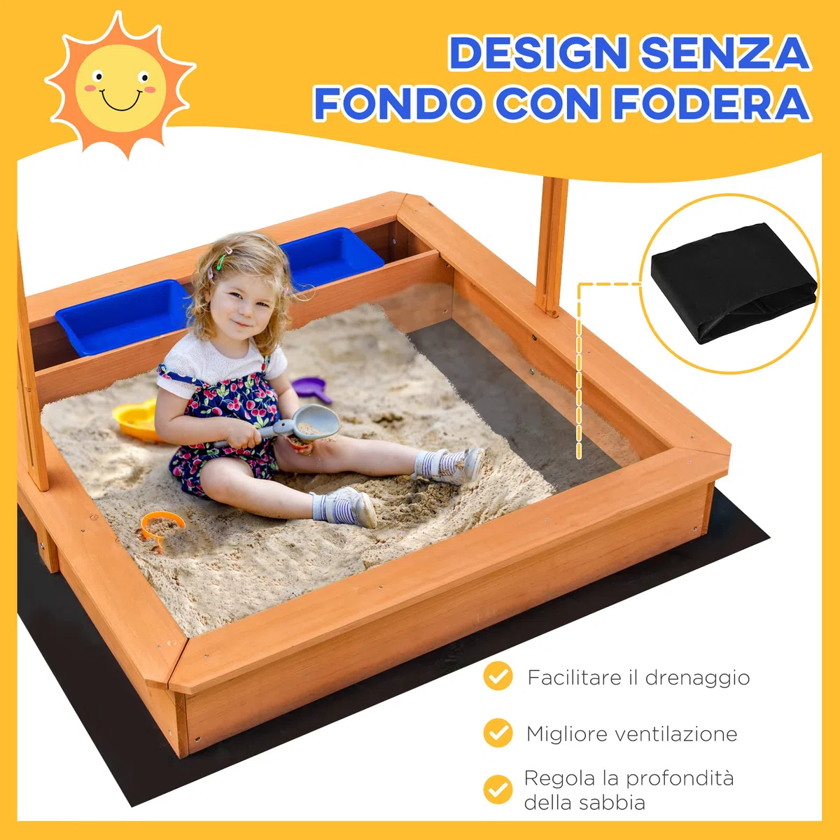 Outsunny Sabbiera per Bambini in Legno con Tettuccio Regolabile in Altezza, Gioco da Giardino con Sedute sui Bordi e Vaschette, 107.5x107.5x100cm