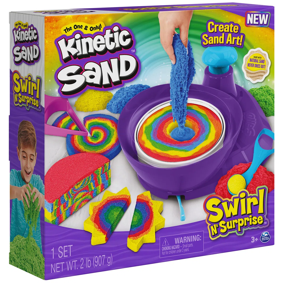 Kinetic Sand |Set Gioco Swirl N' Surprise |Sabbia Colorata in 4 variazioni | Sabbia cinetica 907gr | Sabbia Magica da Modellare | 4 Accessori e Mixer |Giocattoli per Bambini e Bambine 3 Anni