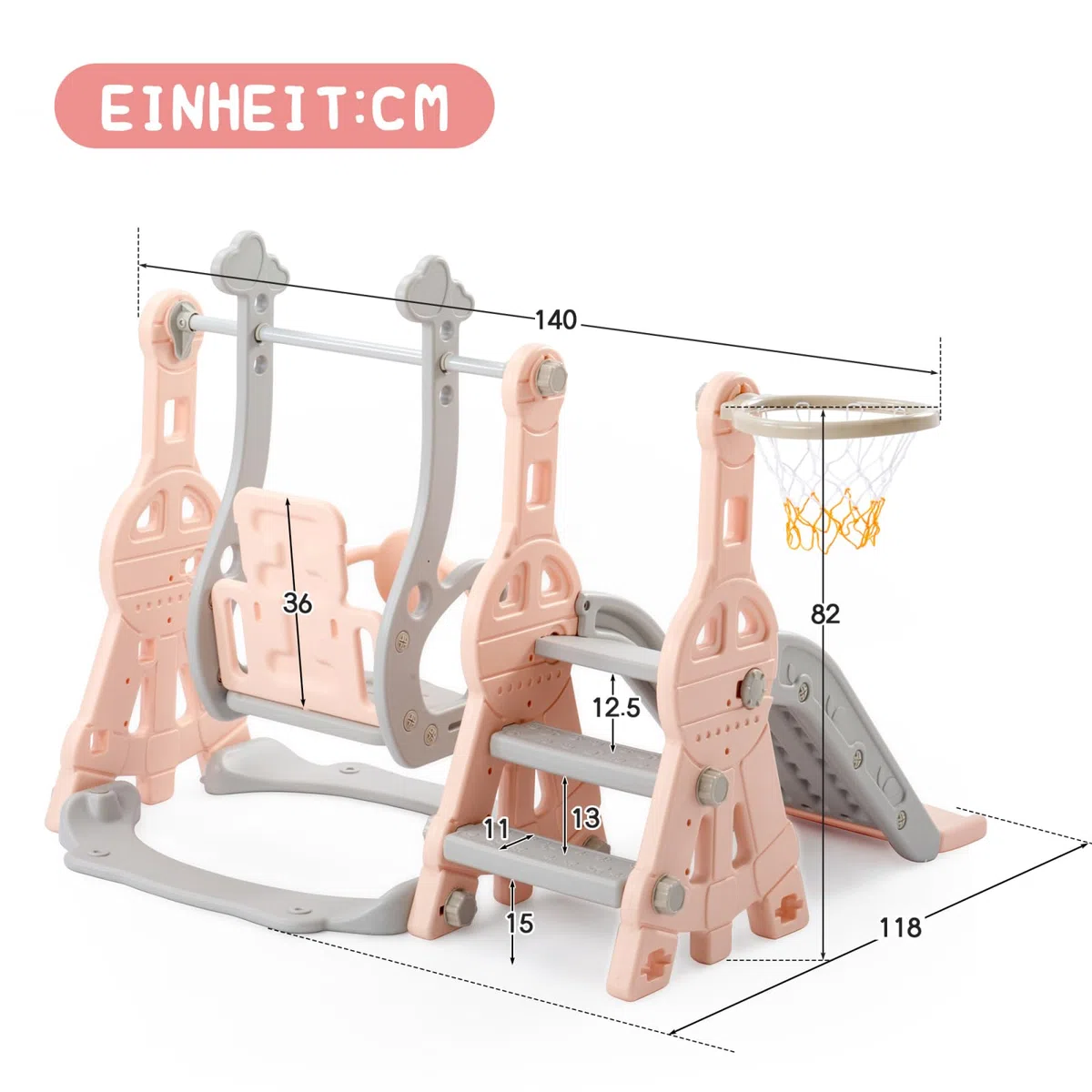 Scivolo per bambini 4 in 1, per interni ed esterni, con altalena, struttura per arrampicata, basket, scivolo da giardino, parco giochi per bambini, Easy Assembly (rosa – 4 in 1)