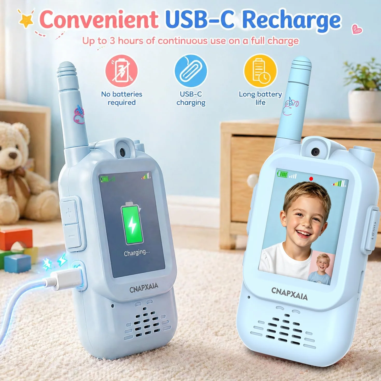 Walkie Talkie Bambini Video, Videochiamata Senza Internet e Senza App, Connessione Automatica, Selfie Emoji Messaggi Vocali, Gioco Interattivo Bambini 3-10 Anni Regalo (Blu/Blu)