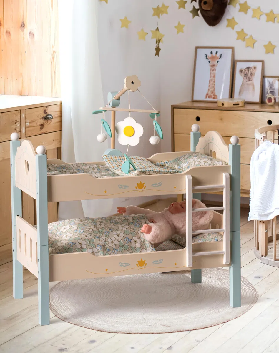 ROBOTIME Letto a castello per bambole in legno da 18", lettino per bambole trasformabile con scaletta e biancheria da letto, culla per bambole impilabile, regalo perfetto per bambini, blu