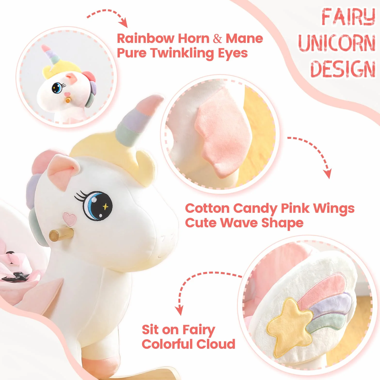 FUNLIO Cavallo a Dondolo Unicorno, Rainbow Fairy per bambini da 6 mesi a 3 anni, Cavalcabile, di Peluche, Facile da Montare