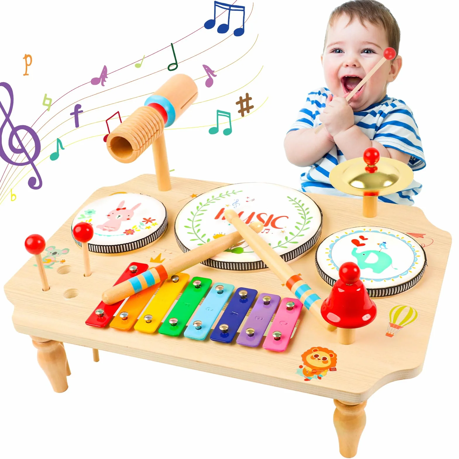 LZDMY Giochi Montessori per Bambini 1-3 Anni, Batteria Musicale per Bambini 1-5 Anni, 11 in 1 Tamburo Bambino Xilofono, Giocattoli Musicali in Legno, Regalo per Bambina per Compleanno, Natale, Pasqua