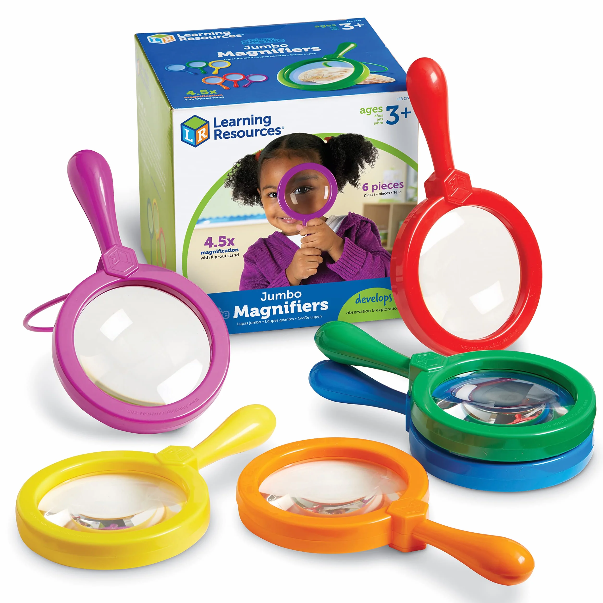 Learning Resources Lenti d’Ingrandimento Jumbo – Set da 6 per Bambini 3+, Lenti Educative con Ingrandimento 4,5X e Supporto Integrato per Esplorazione Scientifica
