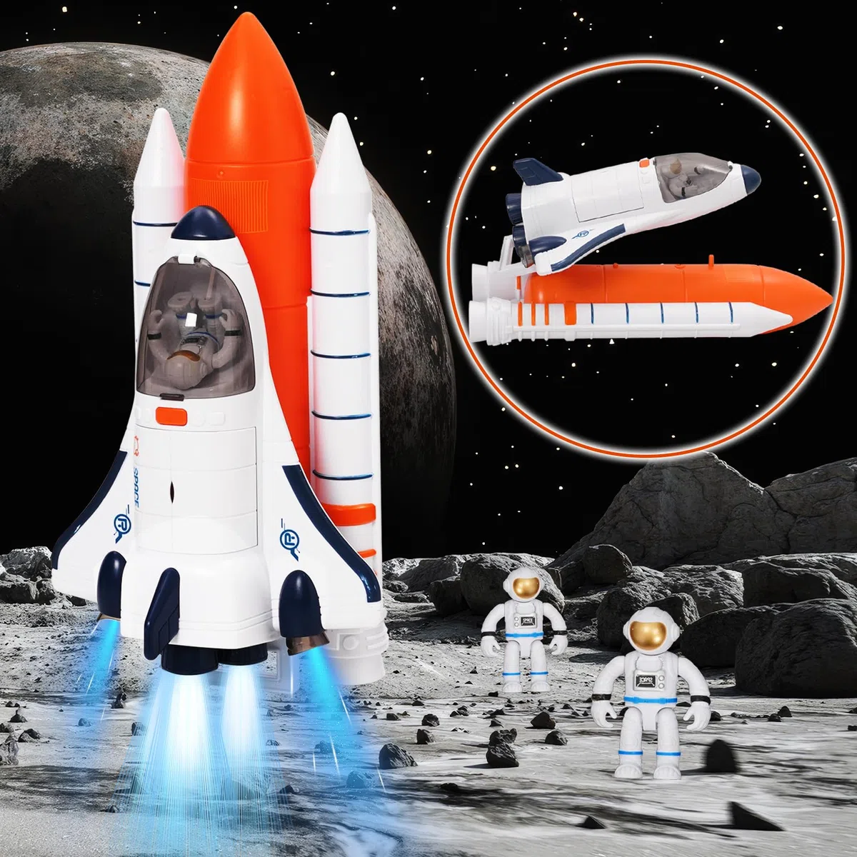 Space Shuttle, giocattolo per bambini con suono e luce, 2 astronauti, giocattolo spaziale per ragazzi e ragazze