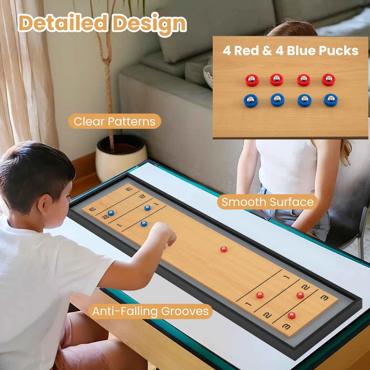 HOMASIS Gioco 2 in 1 Shuffleboard e Curling, Tavolo Multifunzionale Doppia Faccia in Legno, Portatile con 8 Dischi, 114x32 cm