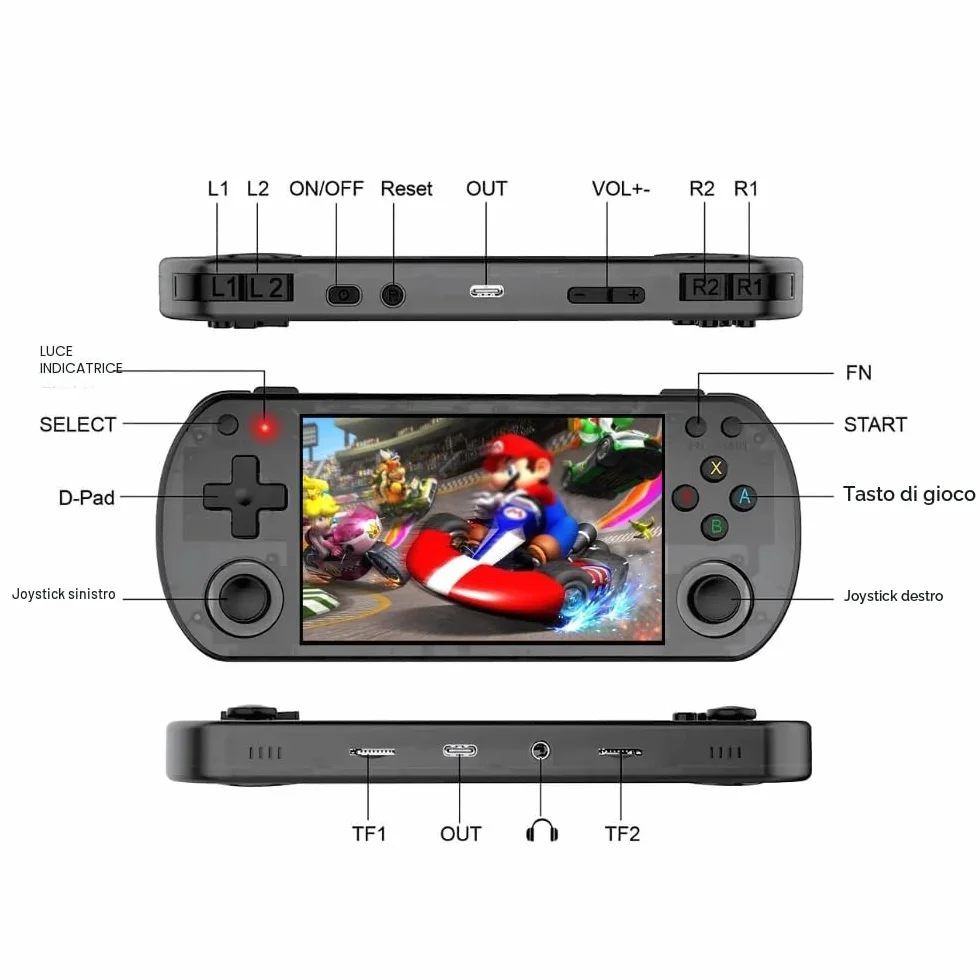 GameBox V2 | Console portatile +15.000 giochi schermo Full HD 4" + memoria 128 GB espandibile, licenza Linux 2.0, WiFi, multiplayer + 4 trigger, connessione"}