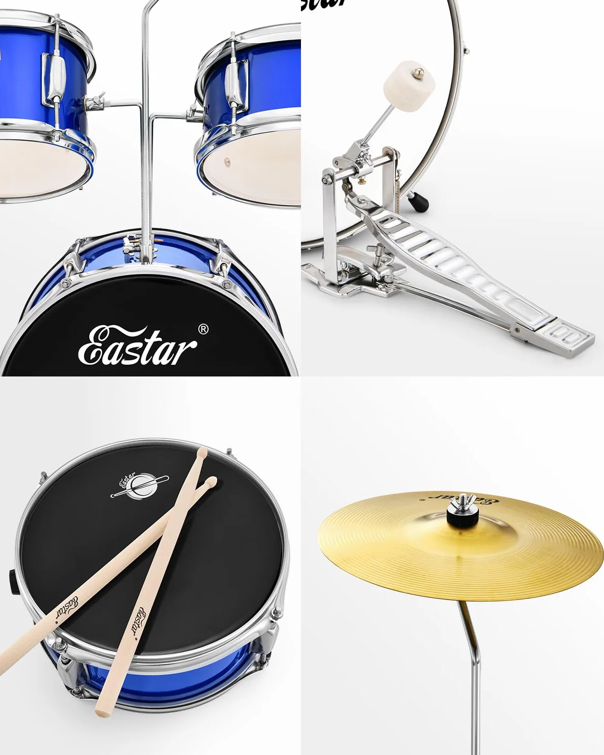 Eastar Batteria per Bambini per età 3-10 Anni, Junior Drum Set con Rullante, Tom, Grancassa, Pedale Grancassa (Specchio Blu)