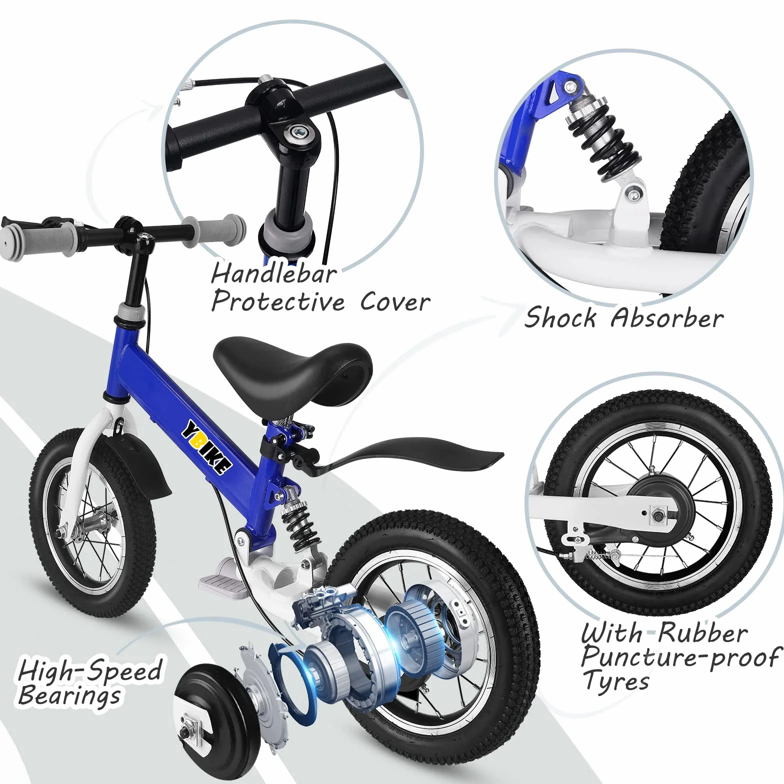 Ybike Bicicletta Senza Pedali,2 in 1 Bici Per Bambini da 12 14 Pollici, Per Bambini da 2 a 7 anni,4 Colori Bici da Equilibrio Con Freno,Ammortizzatore, Parafanghi