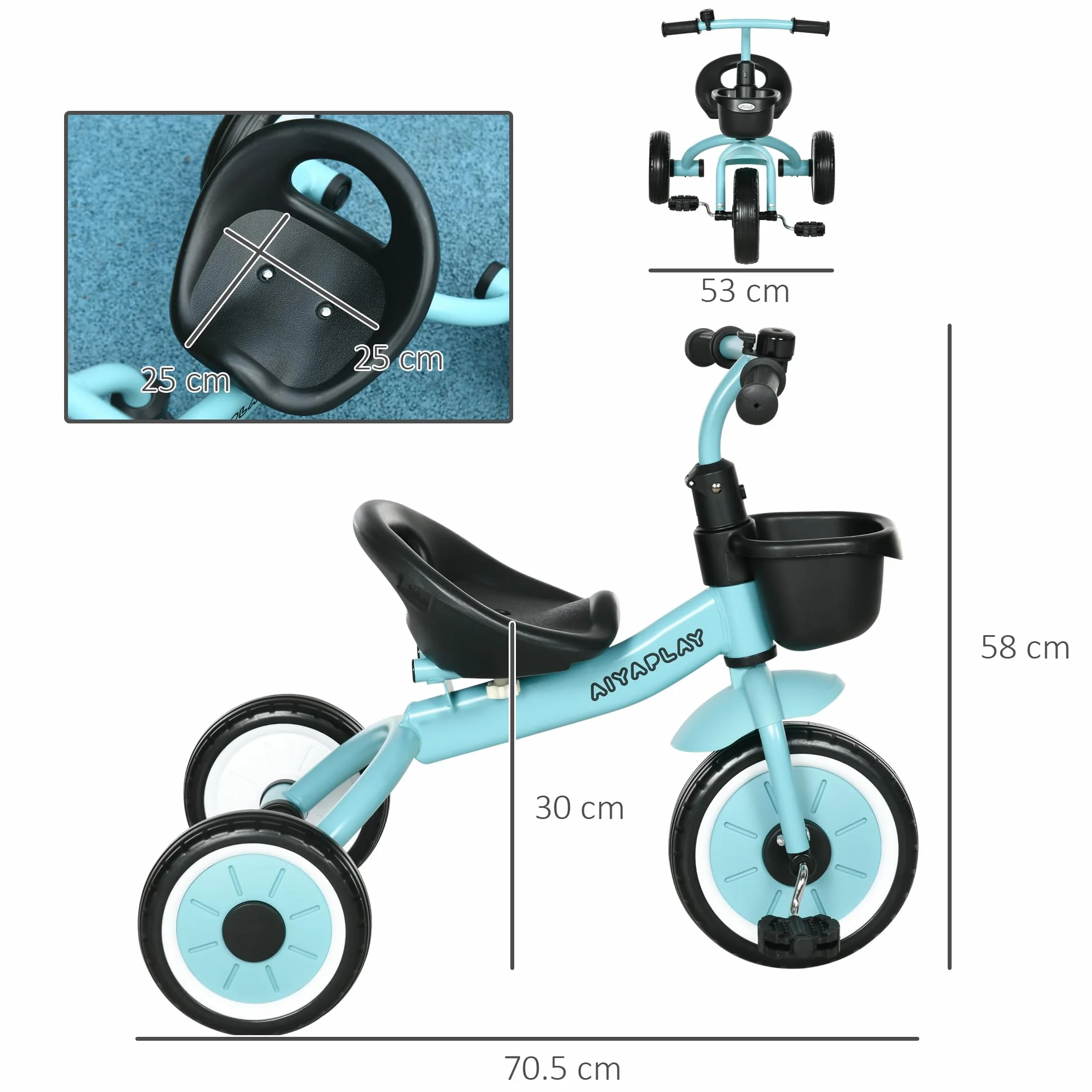 AIYAPLAY Triciclo per Bambini da 2-5 Anni con Seduta Regolabile, Bicicletta per Bambini con Cestino e Campanello, 70.5x53x58 cm, Blu