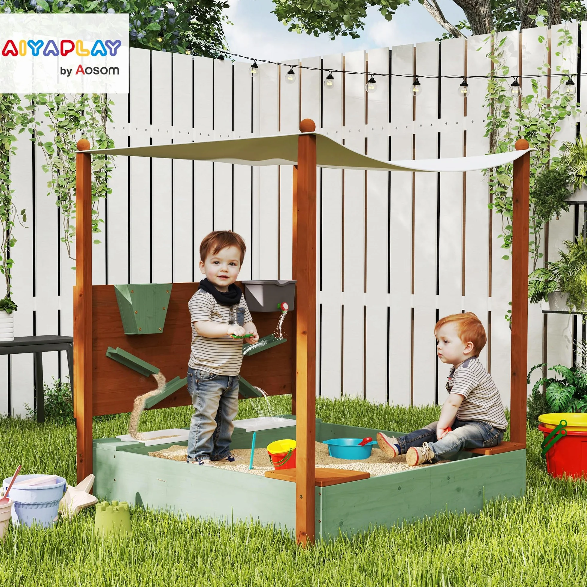 AIYAPLAY Sabbiera con tetto, 116 x 112,5 cm sabbiera in legno Sabbiera con sedile, 2 contenitori, sabbia e giochi d'acqua, secchio con rubinetto per bambini da 3 a 6 anni Verde