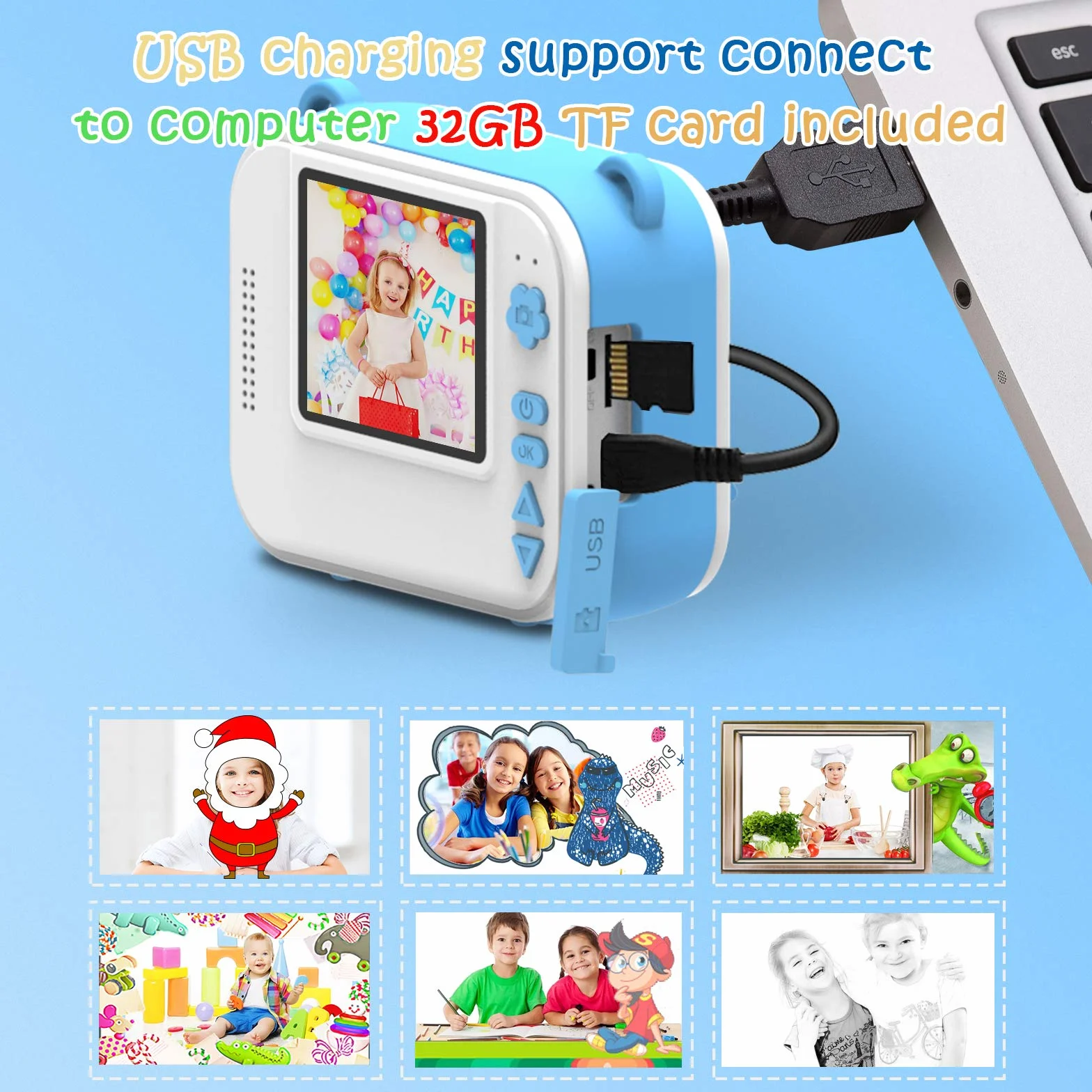 Macchina Fotografica Bambini Istantanea,ULEWAY Digitale Fotocamera 1080P HD Videocamera Giochi con 32GB Scheda SD, 5 Penne Colorate, Regalo di Compleanno per Ragazzi e ragazze 3-12 Anni (Blu)