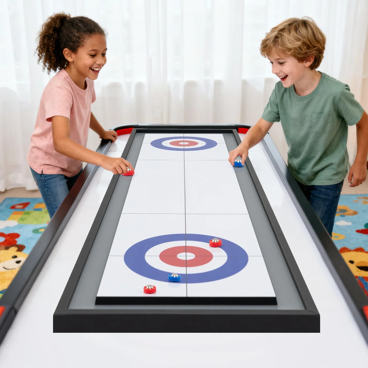 HOMASIS Gioco 2 in 1 Shuffleboard e Curling, Tavolo Multifunzionale Doppia Faccia in Legno, Portatile con 8 Dischi, 114x32 cm