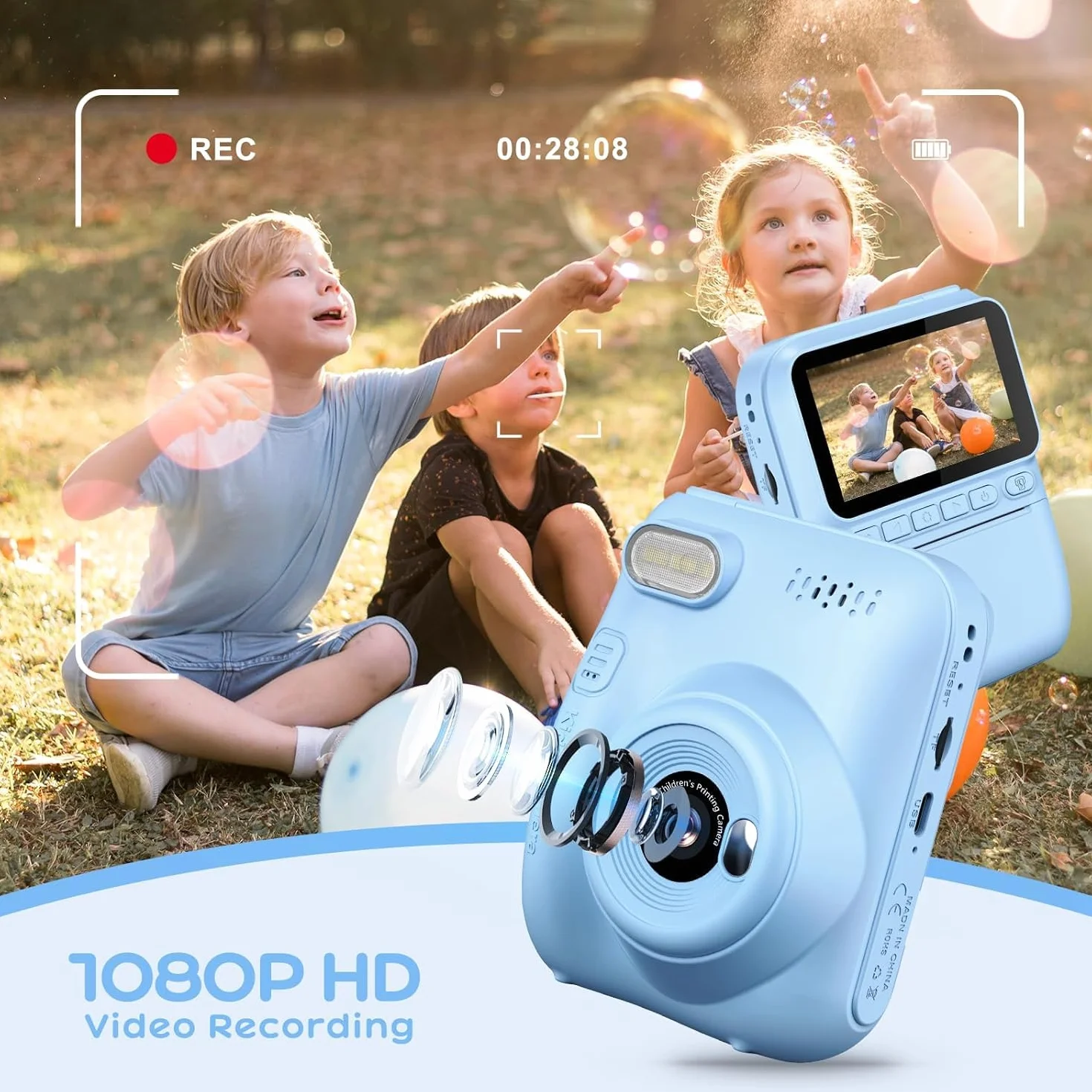 Fotocamera per Bambini, Stampa Istantanea con Schermo HD 3 Pollici, Fotocamera Istantanea per Bambini, Regalo Natale Compleanno Ragazze Ragazzi 3-10 Anni