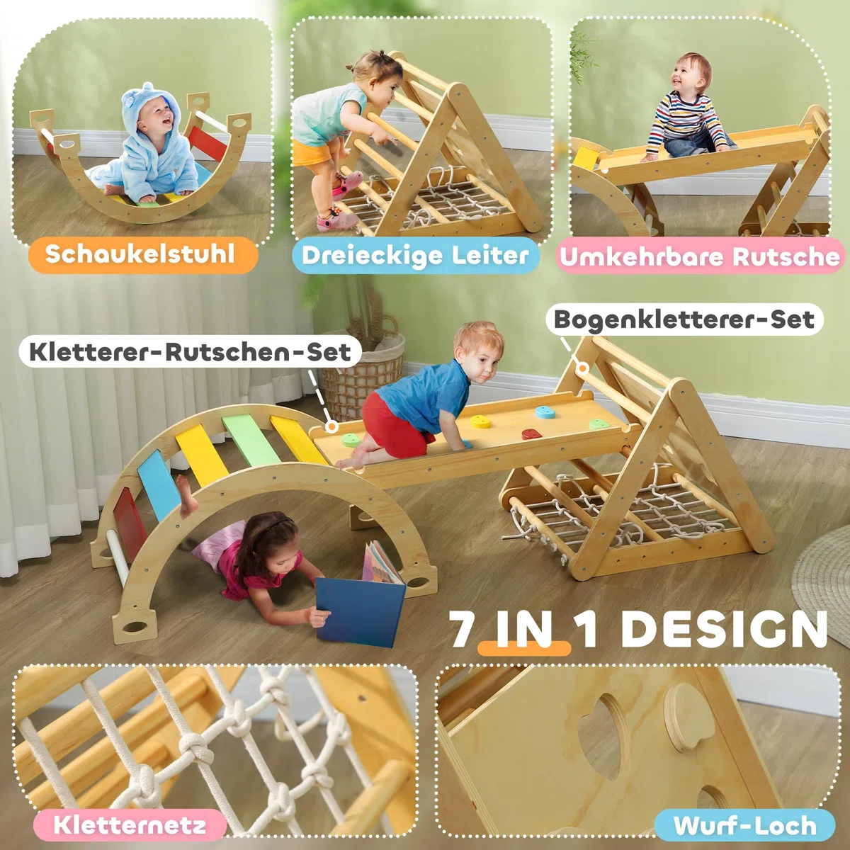 AIYAPLAY Montessori 7 in 1 Struttura da Arrampicata per Interni in Legno con Arco e Scivolo