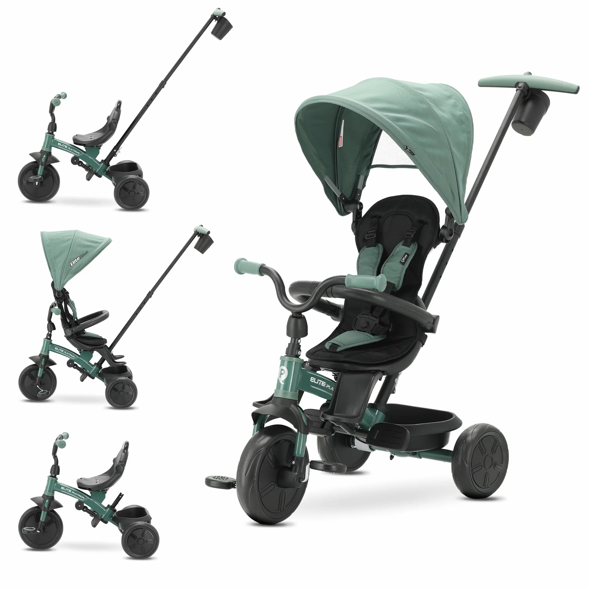 Triciclo Evolutivo QPLAY Elite Platinum 6 in 1 con sedile girevole a 360°, per bambini da 10 a 36 mesi, Maniglione direzionale, Capottina XL, Poggiapiedi e cestino (Verde)