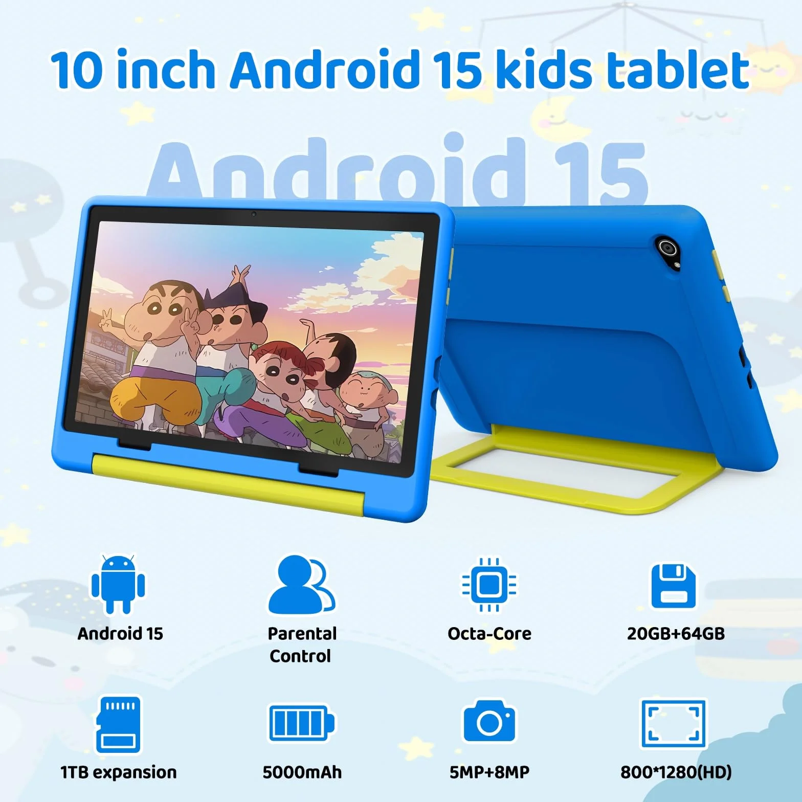 Tablet Bambini 10 Pollici Android 15 Octa-Core 20 GB RAM 64 GB ROM WiFi 6 Controllo Parentale 1280x800 Doppia Fotocamera 5MP+8MP 5000 mAh Custodia Protettiva (Blu)