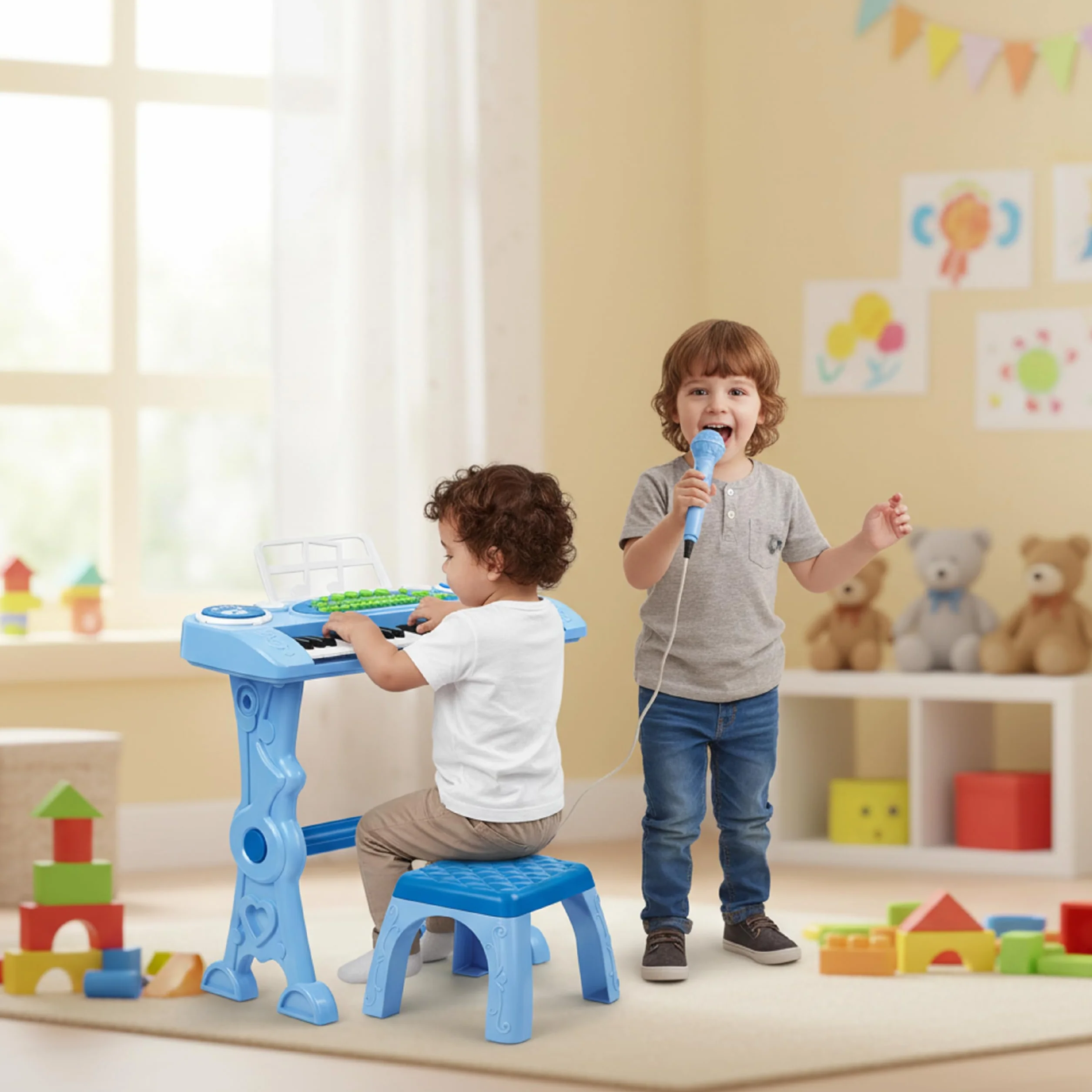Baroni Toys Tastiera Elettronica con Sgabello per Bambini 3+ Anni con Microfono, Pianola Musicale con Melodie e Suoni Educativi, Tastiera 37 Tasti con Sedia Azzurra, 48x20x53cm