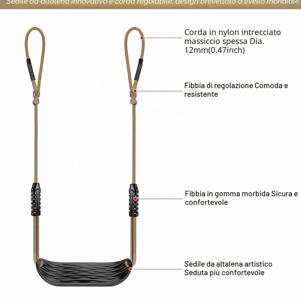 SELEWARE Seggiolino per Altalena in Plastica, Altalena Antiscivolo con Corda Regolabile e 2 Moschettoni, Accessorio per Altalena da Parco Giochi per Bambini Cortile Esterno, Nero
