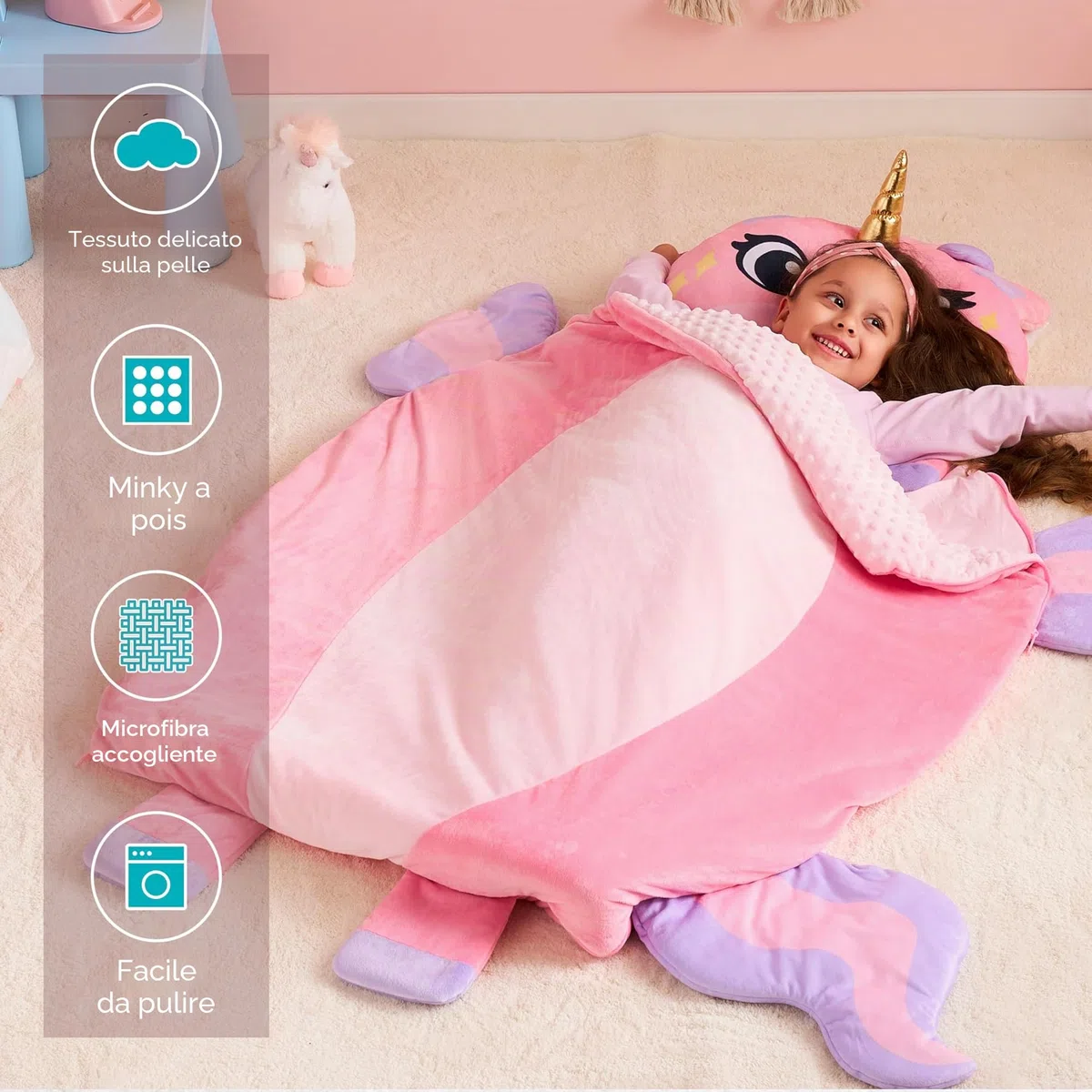Joiedomi Sacco a pelo per bambini 152 x 99 cm con cuscino e coperta Sacco a pelo pieghevole 2 in 1 per ragazzi e ragazze