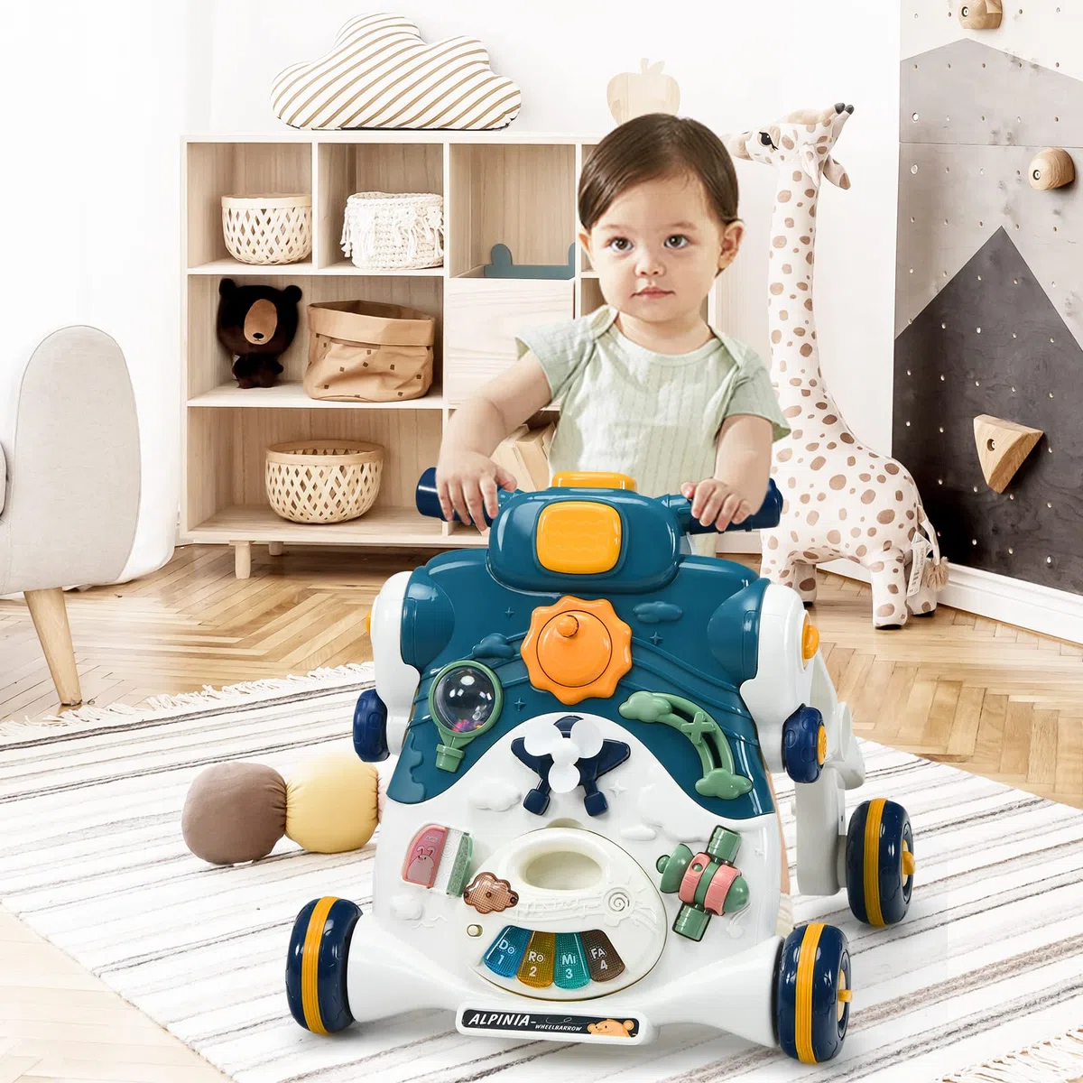 RELAX4LIFE 3 in 1 Primi Passi Spingibile, Scooter Cavalcabile con 4 Ruote Antiscivolo e Centro Attività con Giocattoli, Suoni, Tastiera Staccabile, 6-36Mesi(Blu)