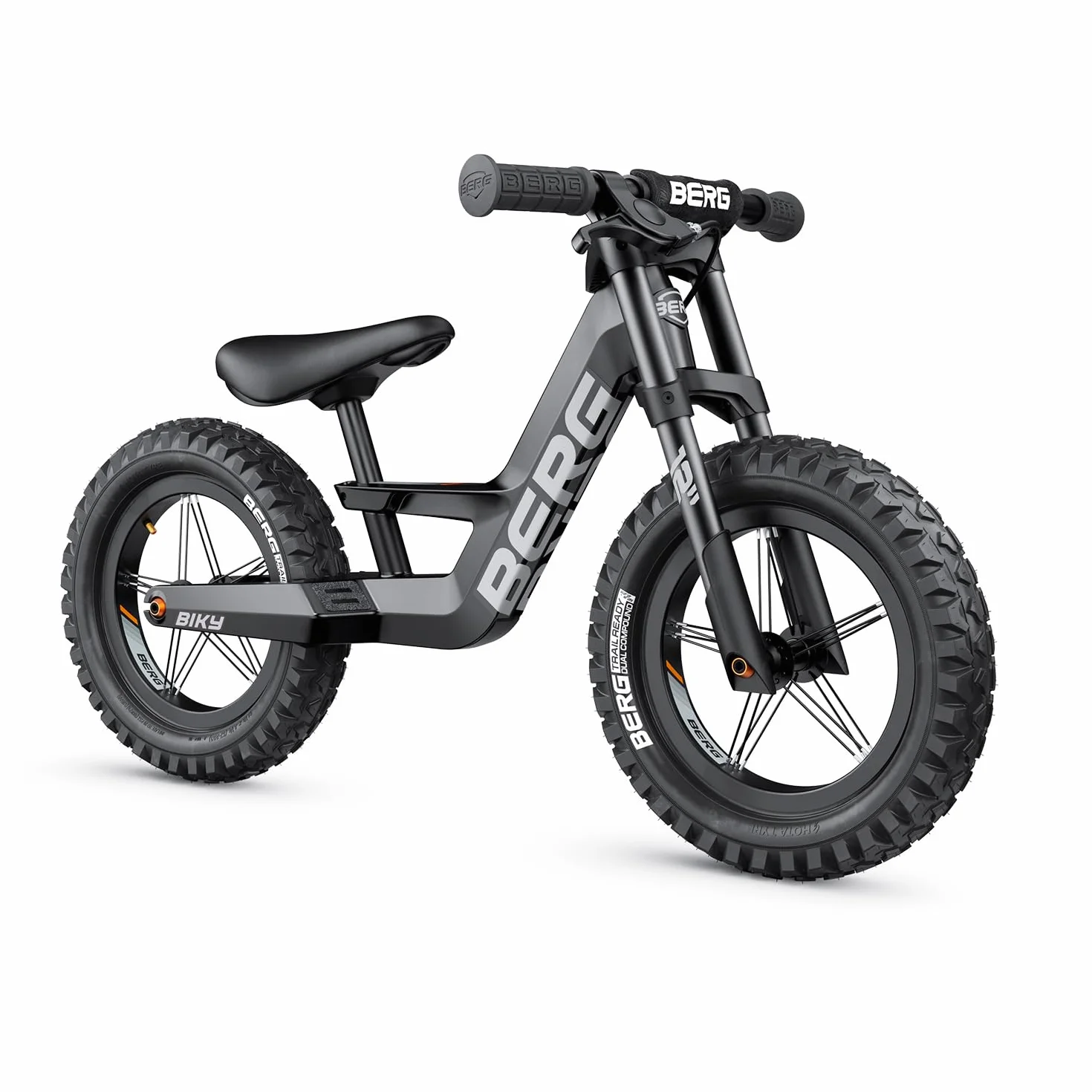 Berg Biky Cross, bicicletta nera con freno a mano a partire dai 2 anni, pneumatici, telaio leggero in magnesio, veicolo antiscivolo da 12 pollici, bicicletta per bambini ragazzi e ragazze, sella