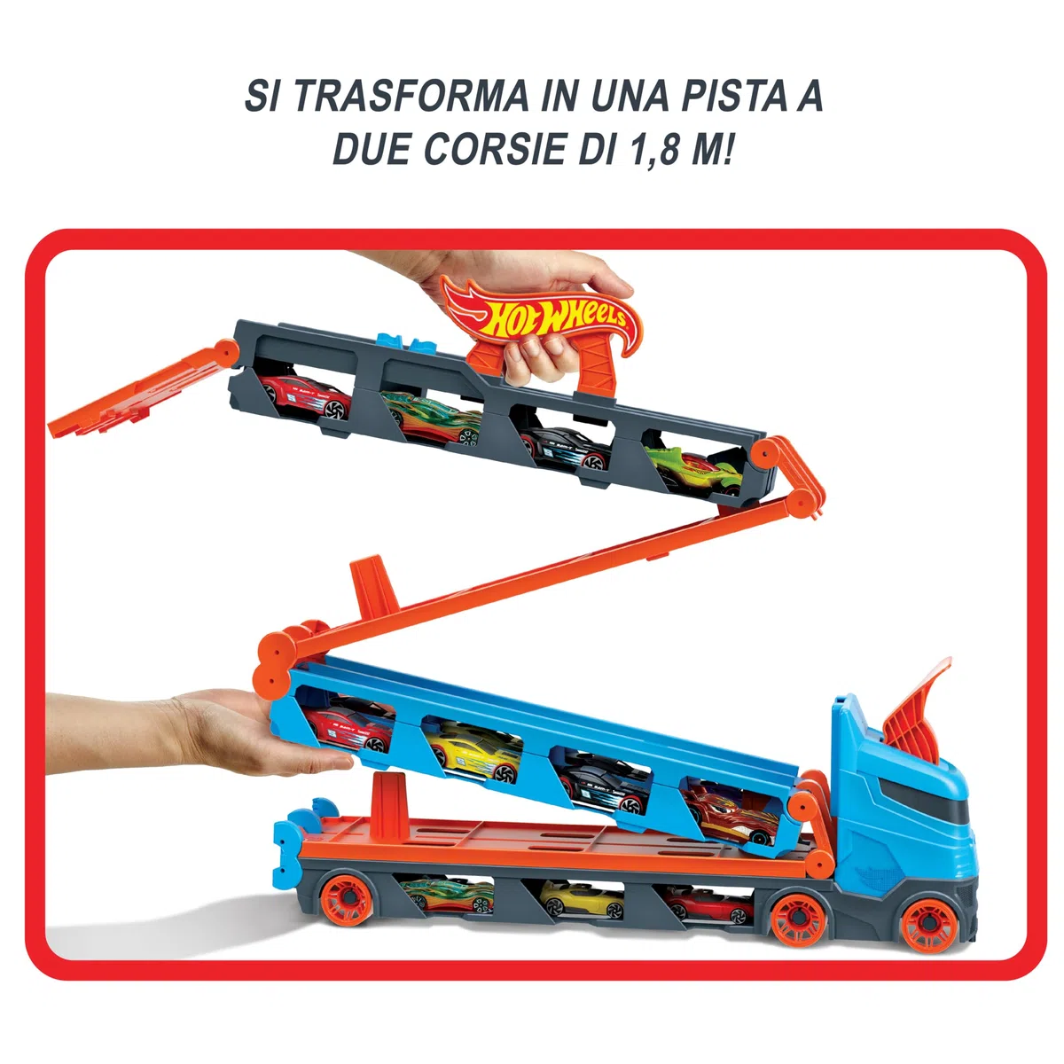 Hot Wheels Camion 2 in 1 Trasportatore e Pista GVG37 con 3 Macchinine, Giocattolo per Bambini 4+