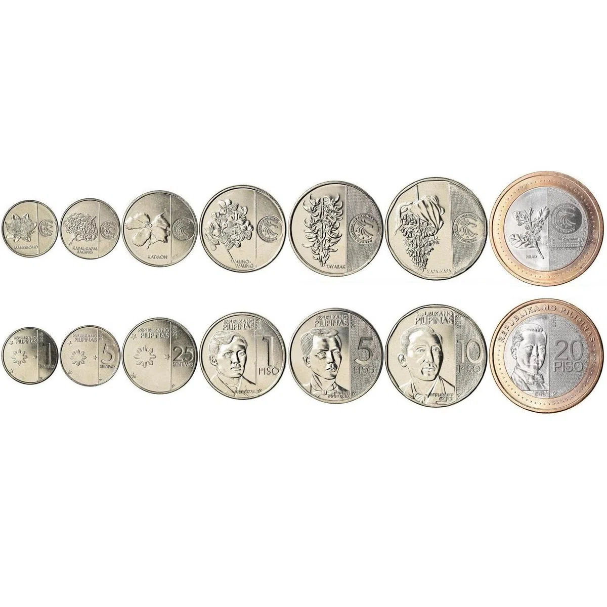 Set di 7 monete dalle Filippine 1 5 25 Sentimos 1 5 10 20 Collezione Piso Coin Set Fiori esotici Figure famose Circolato 2017-2020