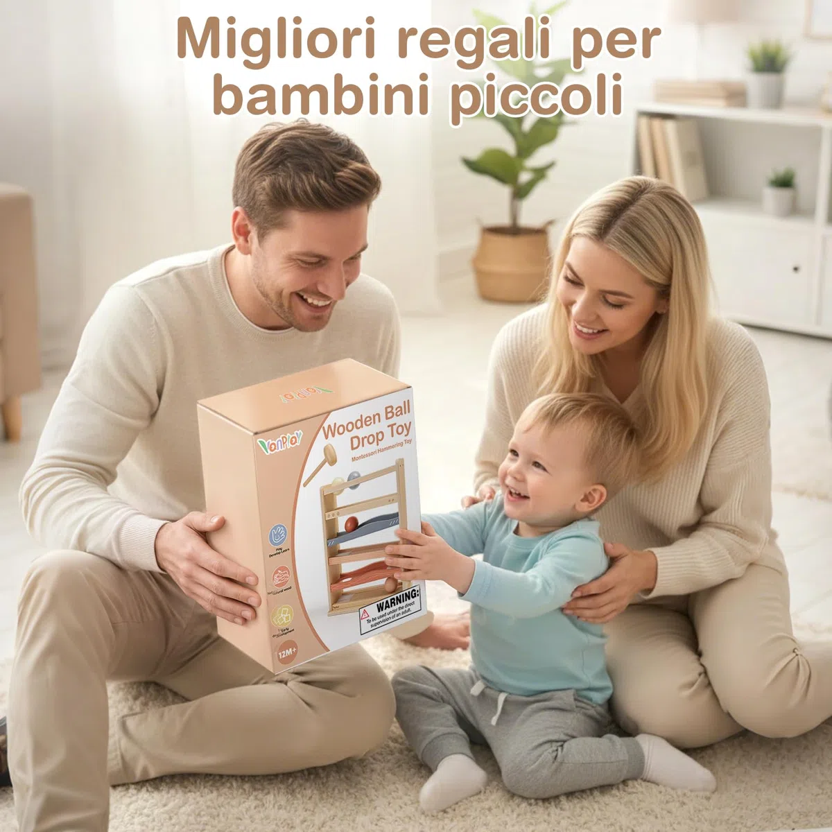 Vanplay Pista Biglie Legno Bambini 1 Anno Gioco Martello 4 Palline Giocattolo Montessori
