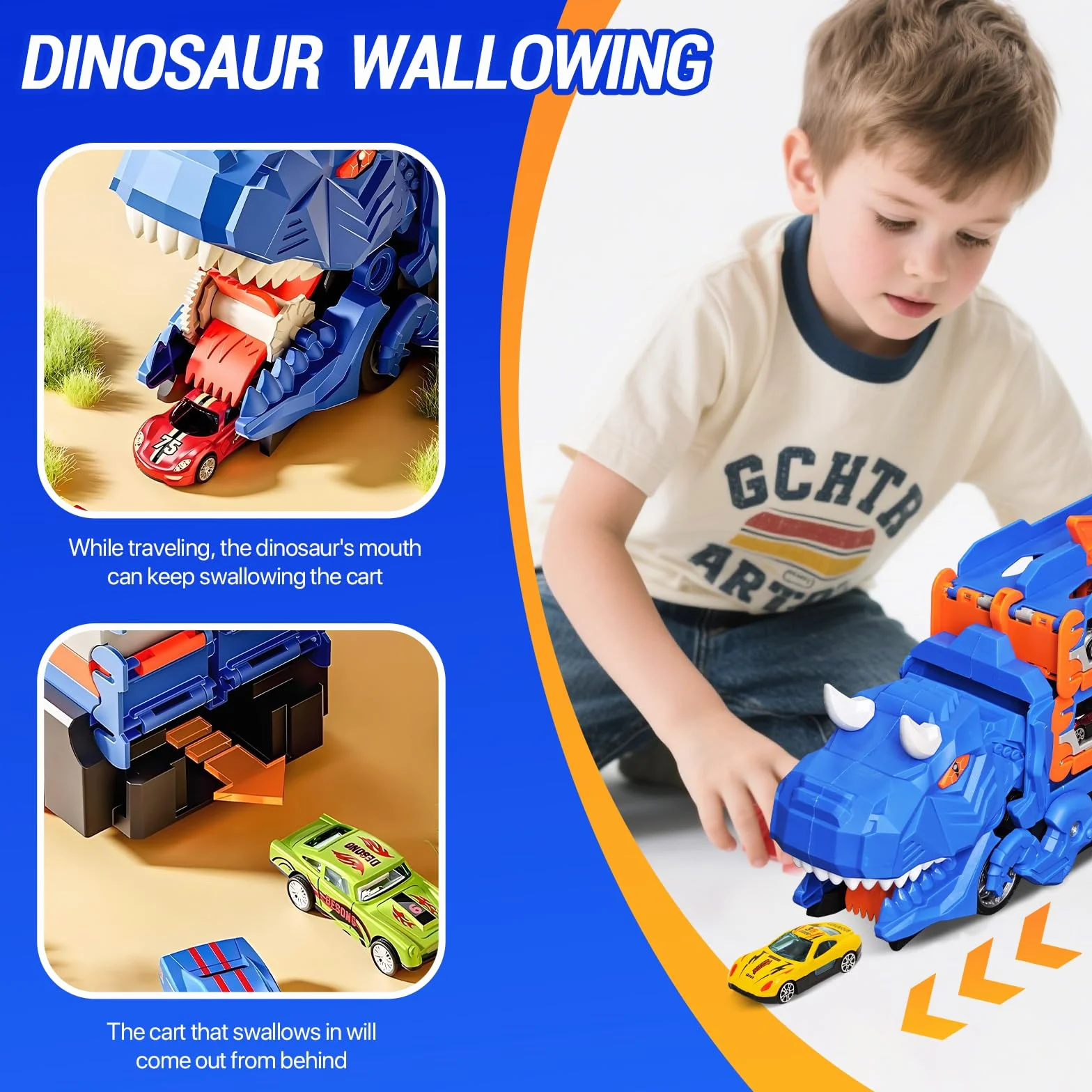 Sternstunde Camion Giocattolo Per Bambini, Con 12 Auto Da Corsa Macchinine Per Bambini, Auto Giocattolo Portatile Camion Dinosauro Per 3, 4, 5, 6 Anni Ragazzi Regalo Ragazzi (Blu)