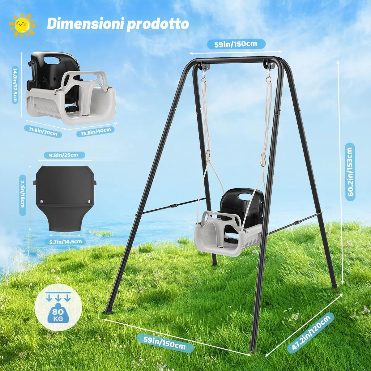 4-in-1altalena da giardino per bambini, Altalene Saltare Su per Bambini per Giochi, Supporto Metallo Pieghevole, Sedili Rimovibili Alta Qualità, 18 Mesi-6 Anni