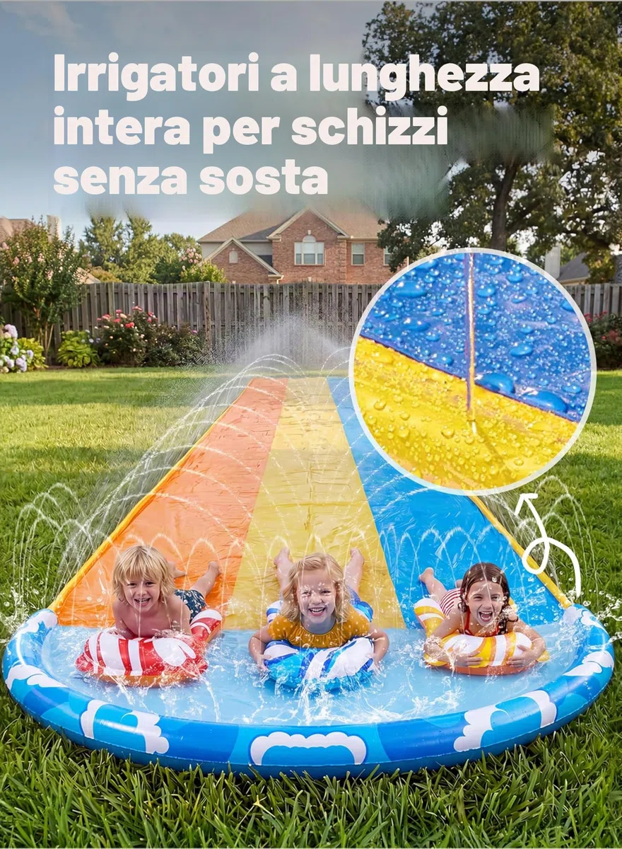 Sloosh Scivolo d'Acqua Triplo con Onde 22,5ft x 84in, Scivolo da Giardino con 3 Bodyboard e Irrigatore, Gioco d'Acqua Estivo per Bambini e Adulti