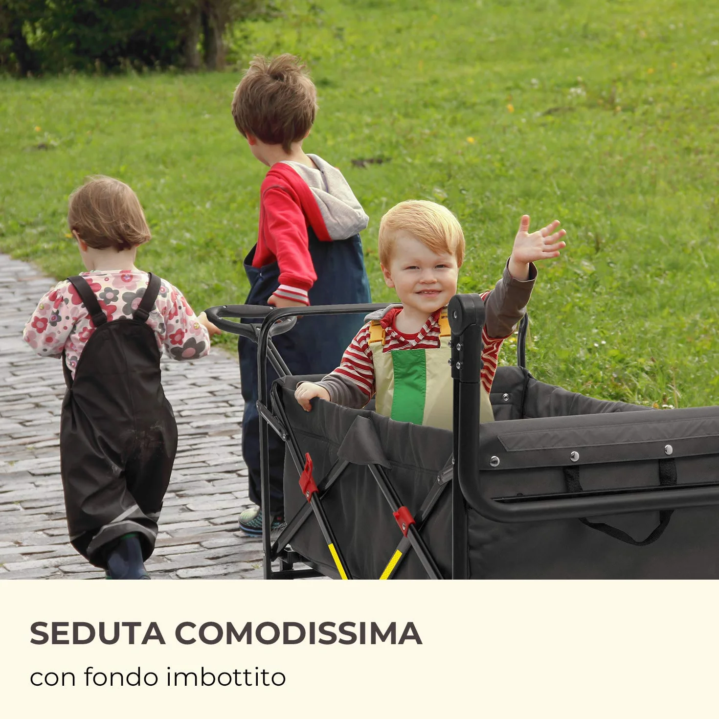 Waldbeck Easy Rider - Carretto, Carretto a Mano, Portata Fino a 70 kg, Copertura in Poliestere 600D, 2 Cinture di Sicurezza per Bambini, Pieghevole, Braccio Telescopico, Grigio