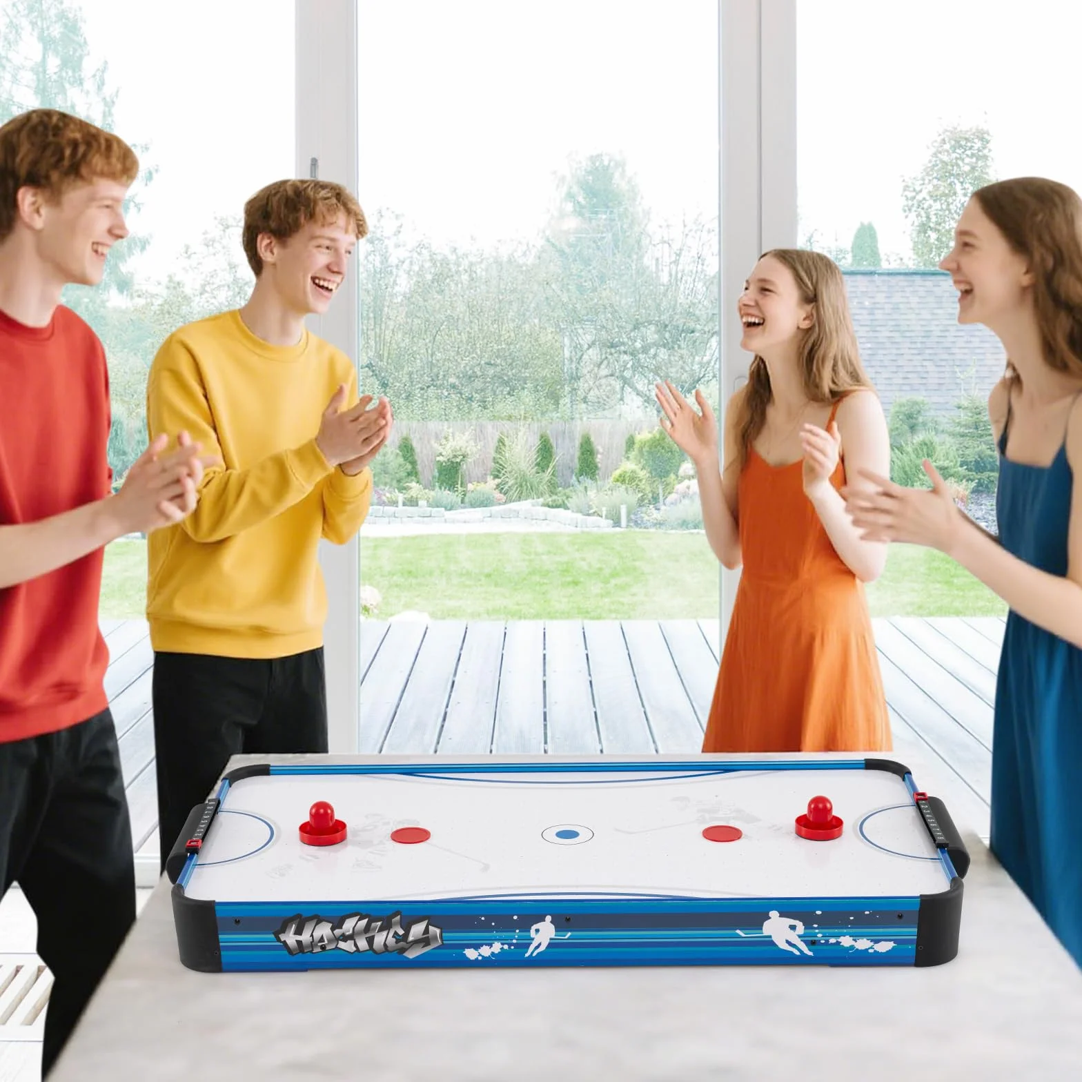 COSTWAY Tavolo da Air Hockey, con 12V Motore Elettrico Potente, 2 Dischi e 2 Spintori, Air Hockey da Tavolo per Sala Giochi Casa Ufficio, 108x50,5x10 cm