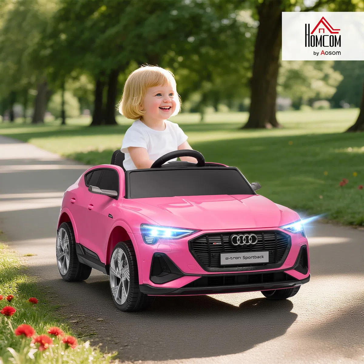 HOMCOM Macchina Elettrica per Bambini 12V Audi E-tron Doppio Motore Telecomando Batteria Ricaricabile Velocità 3-5km/h Luci LED Musica Rosa