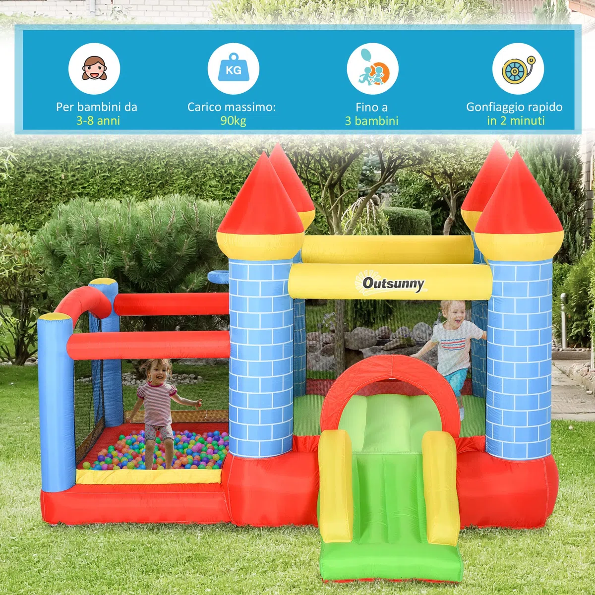 Outsunny Castello Gonfiabile Gigante e Rimbalzante per Bambini 3-8 Anni con Scivolo, Piscina e Canestro, 280cmx260cmx210cm