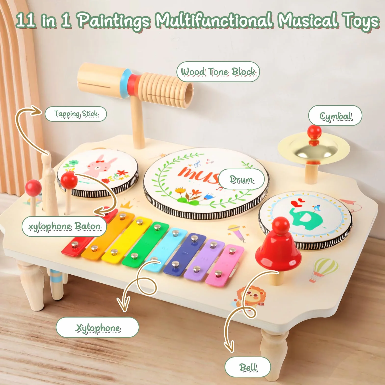 LZDMY Giochi Montessori per Bambini 1-3 Anni, Batteria Musicale per Bambini 1-5 Anni, 11 in 1 Tamburo Bambino Xilofono, Giocattoli Musicali in Legno, Regalo per Bambina per Compleanno, Natale, Pasqua