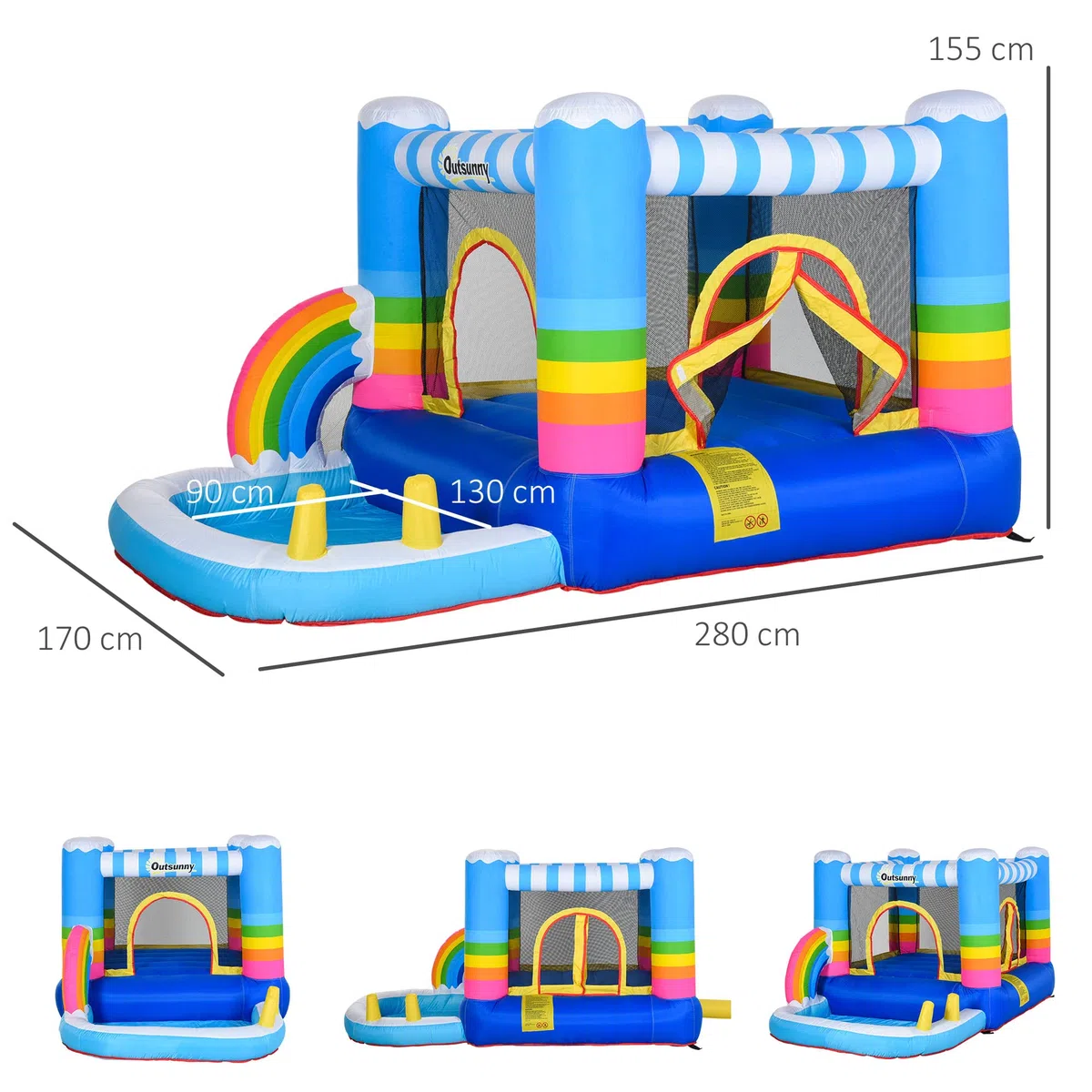 Outsunny Castello Gonfiabile per Bambini con Trampolino e Piscina, Pompa Elettrica Inclusa 280x170x155cm, Multicolore