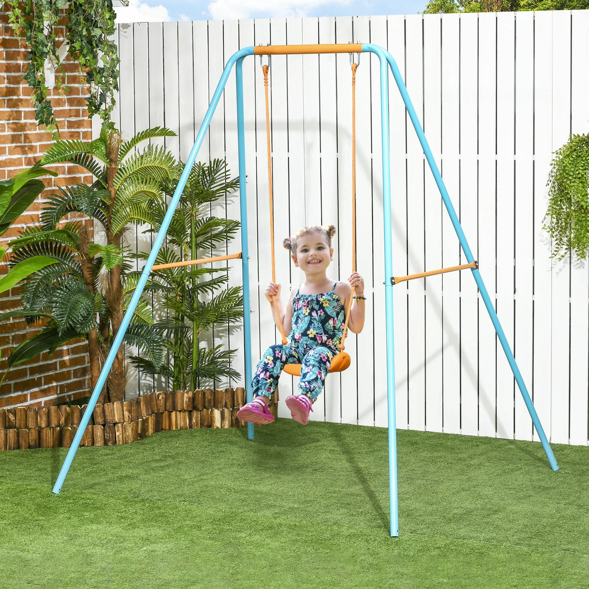 Outsunny Altalena da Giardino con Seggiolino e Picchetti, in Acciaio per Bambini 3-8 Anni, 163x145x181cm, Blu e Arancione