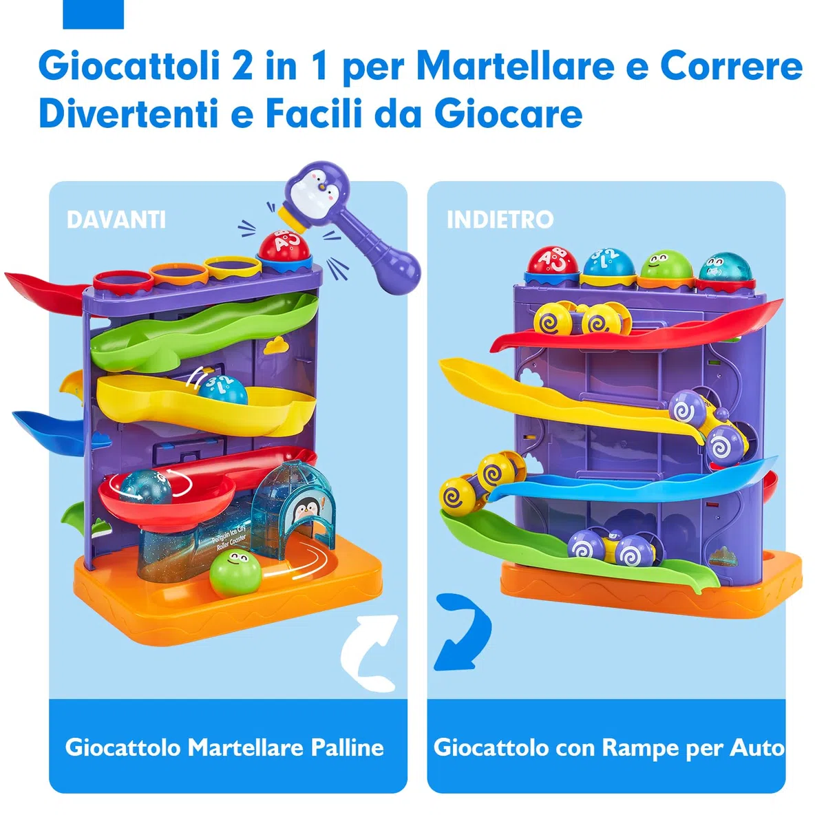 hahaland Giochi Bambini 1 Anno Maschio - Palla Giocattolo 2 in 1 e Rampa per Auto Pista Giocattoli Educativi Montessori con Martello/4 Palline/4 Macchinine, Regali per Bambini di 1 2 3 Anni