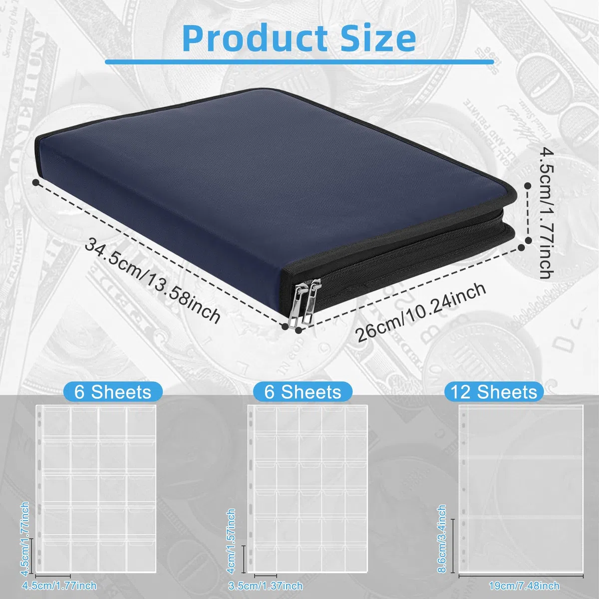 Ignifugo Album Raccoglitore Monete da 2 euro, Porta Monete da Collezione con 24 Pagine per 300 Monete e 36 Banconote in Euro, Dollari, Sterline e Pence (Blu)