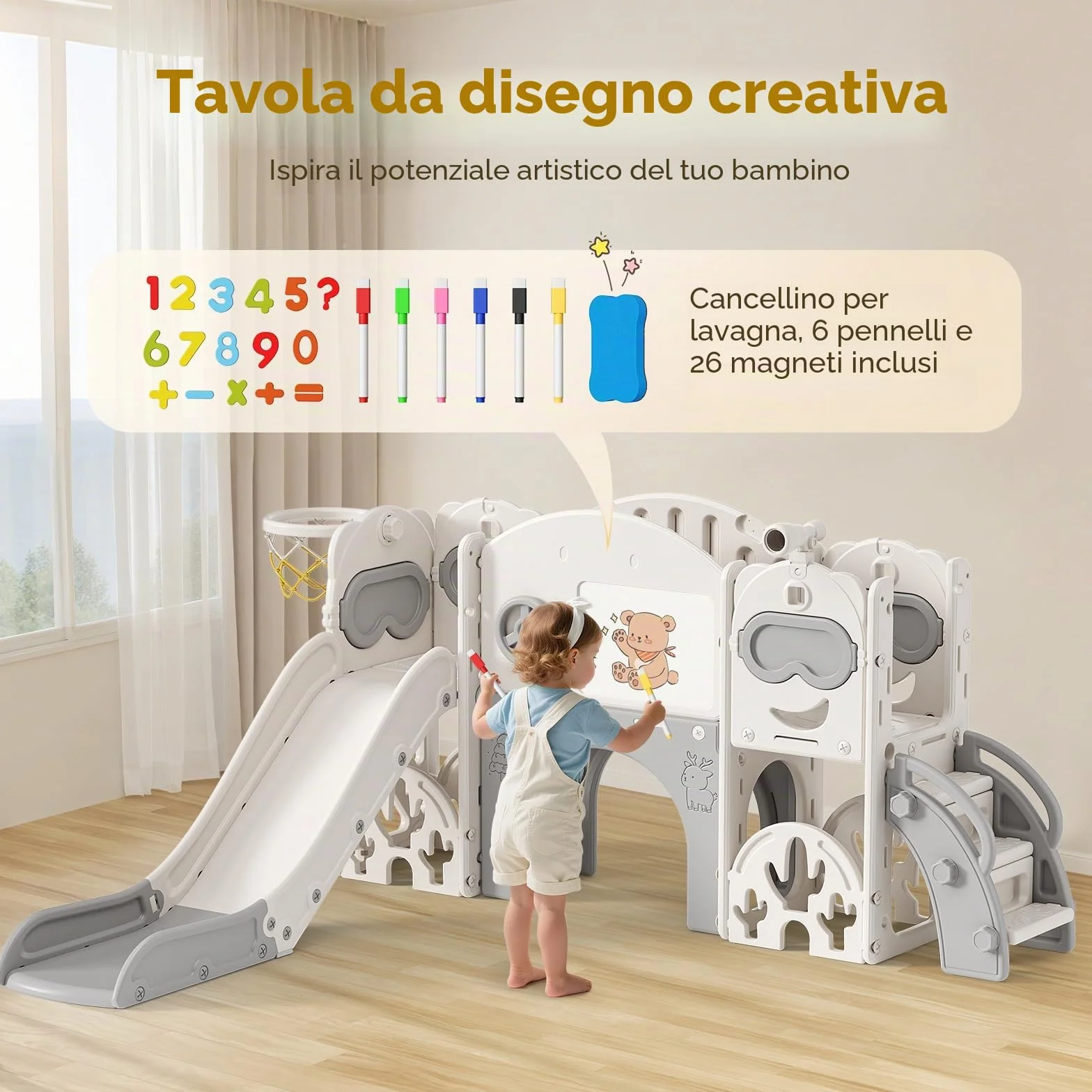 Scivolo per bambini 11 in 1, scivolo per bambini da interno ed esterno con canestro da grande con cestino da basket, telaio da arrampicata per giardino, spazio di archiviazione