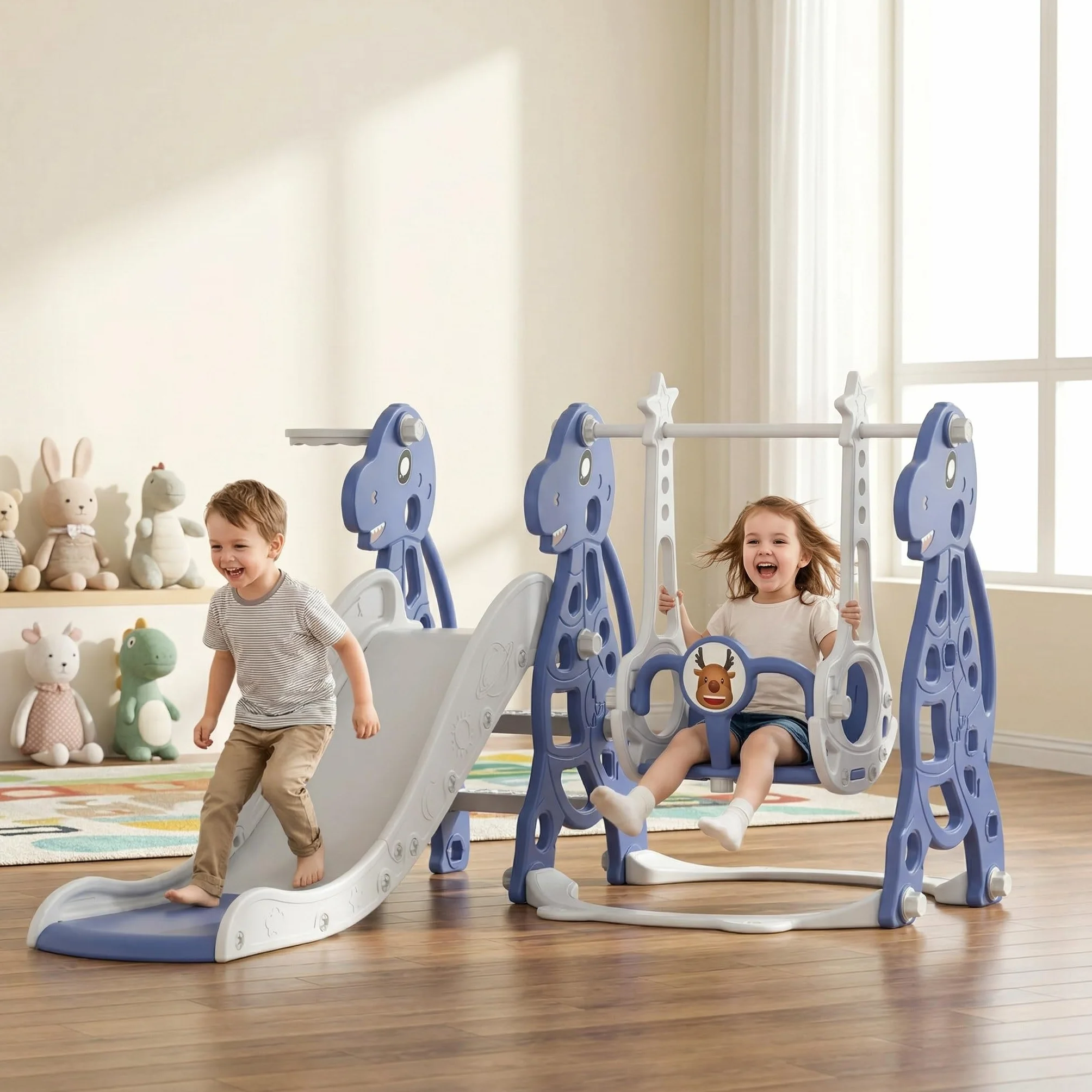 Froadp 4 in 1 Scivolo Autoportante per Bambini Scivolo Giocattolo con Canestro da Basket e Altalena per Interni ed Esterni Bambini Scivolo da Giardino in Plastica PP e PE für 1 Jahr und Mehr (Typ B)