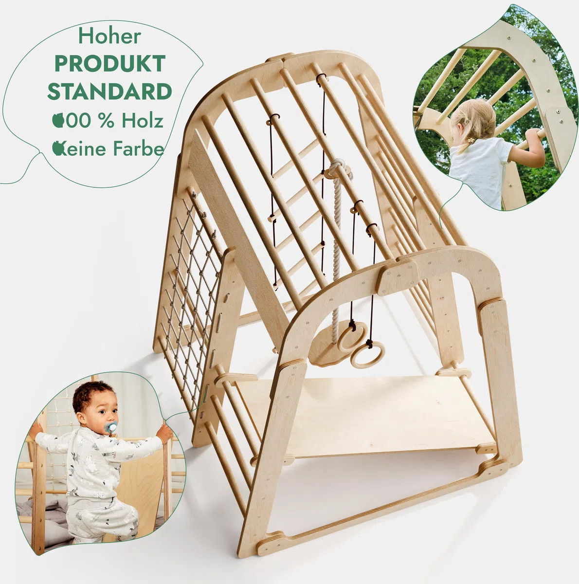 Montessori Struttura in Legno per Bambini, Parco Giochi con Scivolo, Altalena, Parete da Arrampicata, Corda, Scala a Maglia 3-8