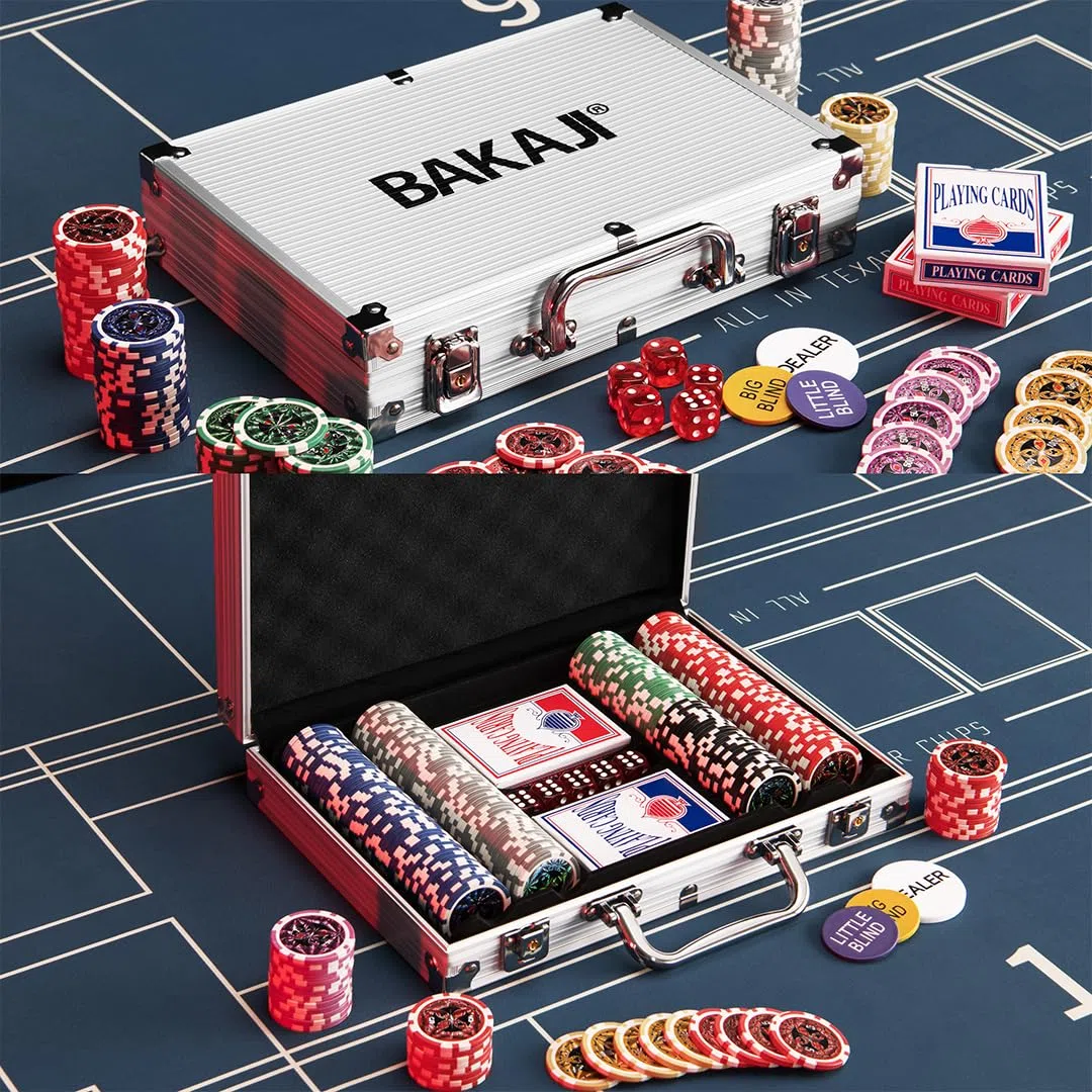 Valigetta da Poker in Alluminio BAKAJI con 2 Mazzi di Carte, 5 Dadi, Pulsante Dealer, 200 Fiches per Texas Hold'em e Blackjack